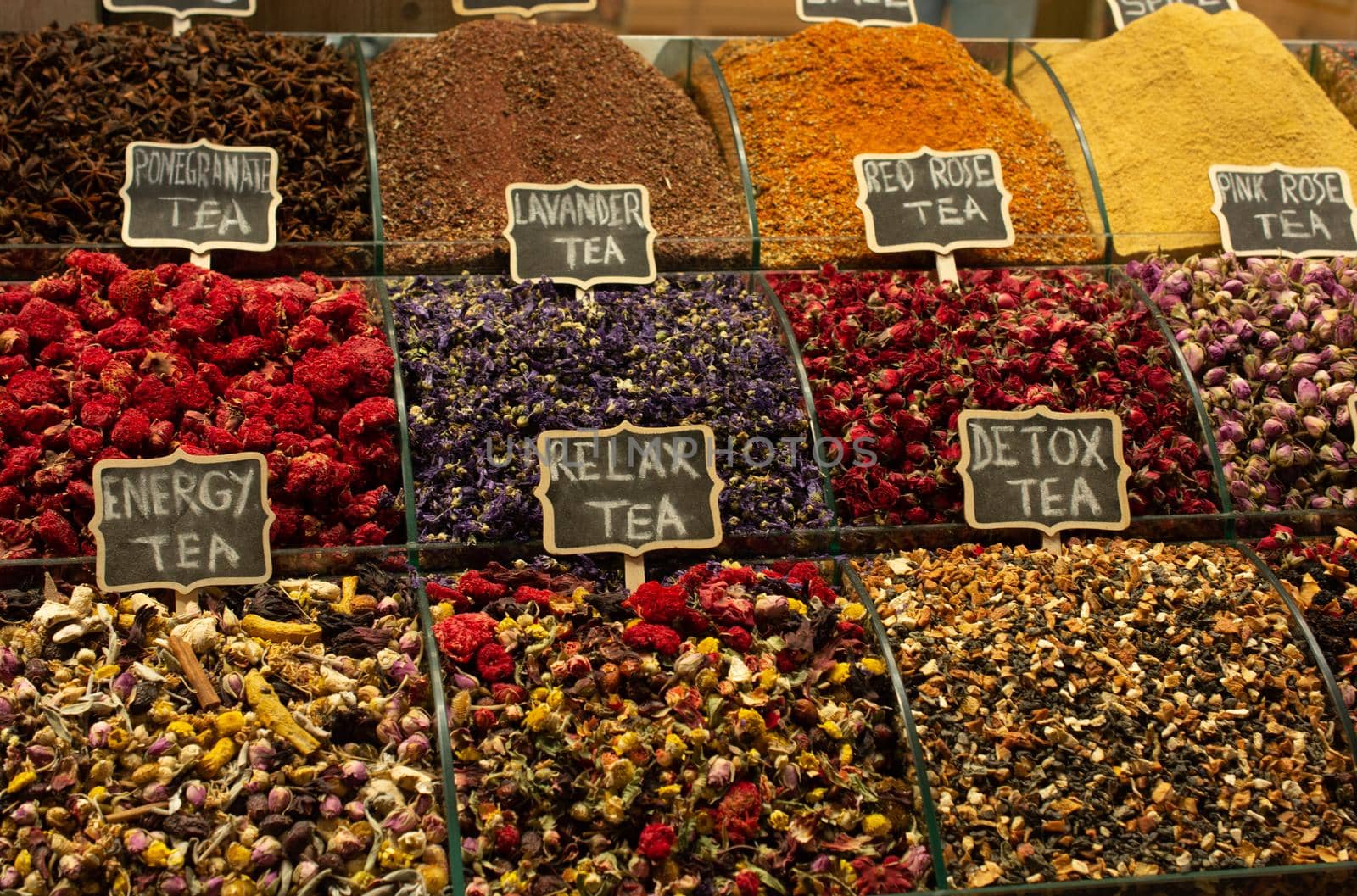 Market with different types of   tea , herbs, plants and dried flowers