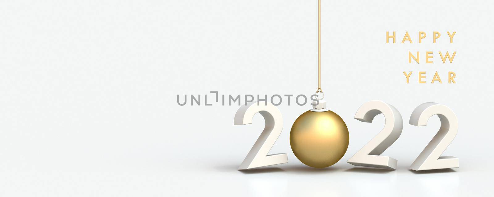 2022 New Year greeting card with golden Christmas ball 3D rendering 3D illustration