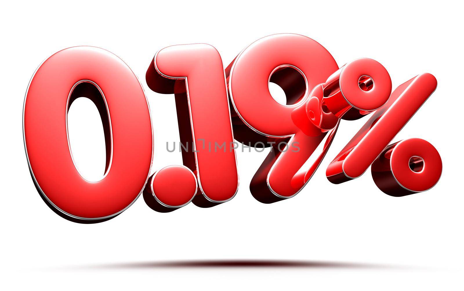 0.19 percent red on white background illustration 3D rendering with clipping path.