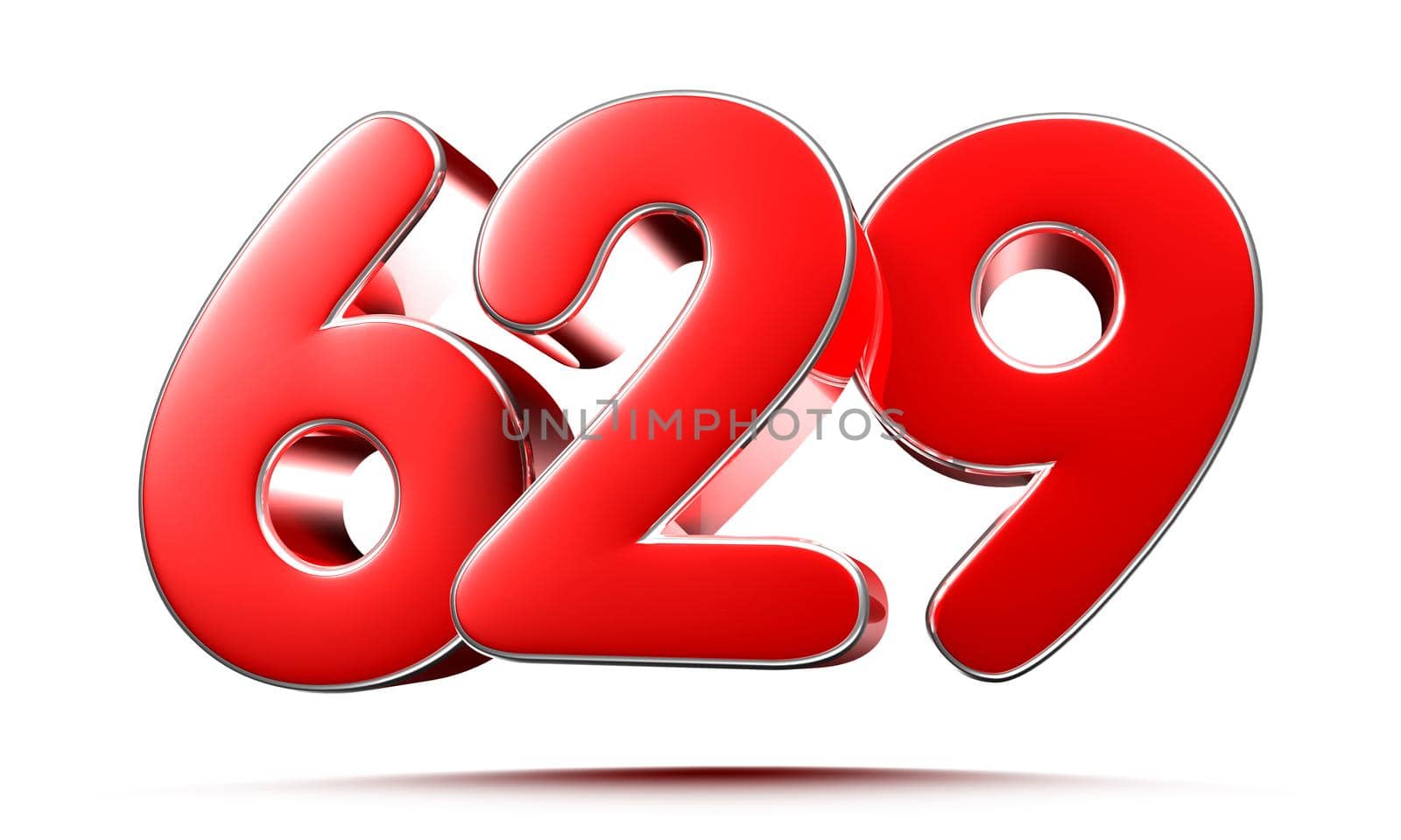 Rounded red numbers 629 on white background 3D illustration with clipping path