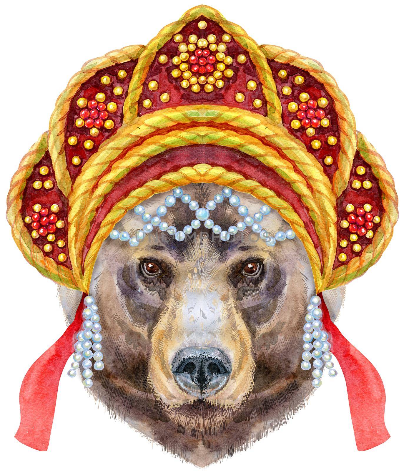 Bear head in Russian headdress kokoshnik. Watercolor bear painting illustration isolated on white background by NataOmsk