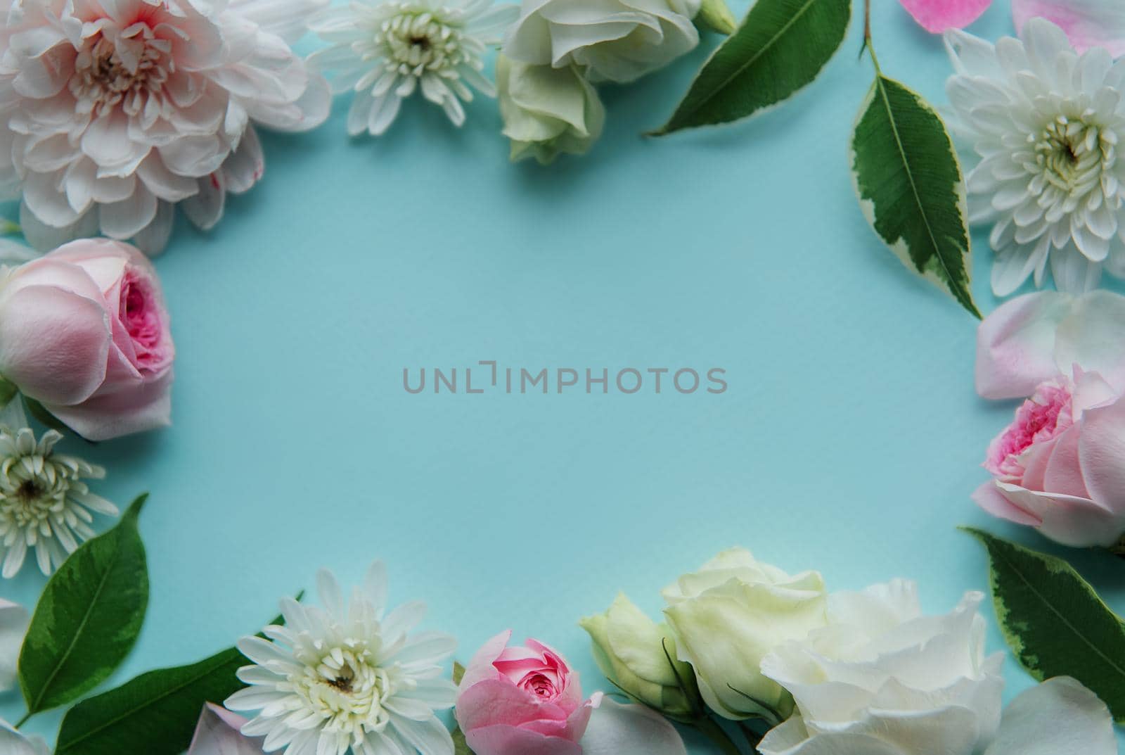Flowers composition. Frame made of pink flowers on pastel blue background.
