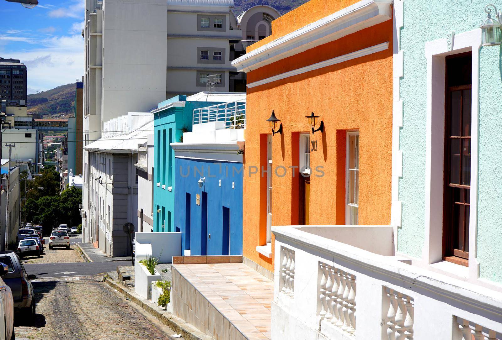  Bo-Kaap district, Cape Town, South Africa - 14 December 2021 : Distinctive bright houses in the bo-kaap district of Cape Town, South Africa