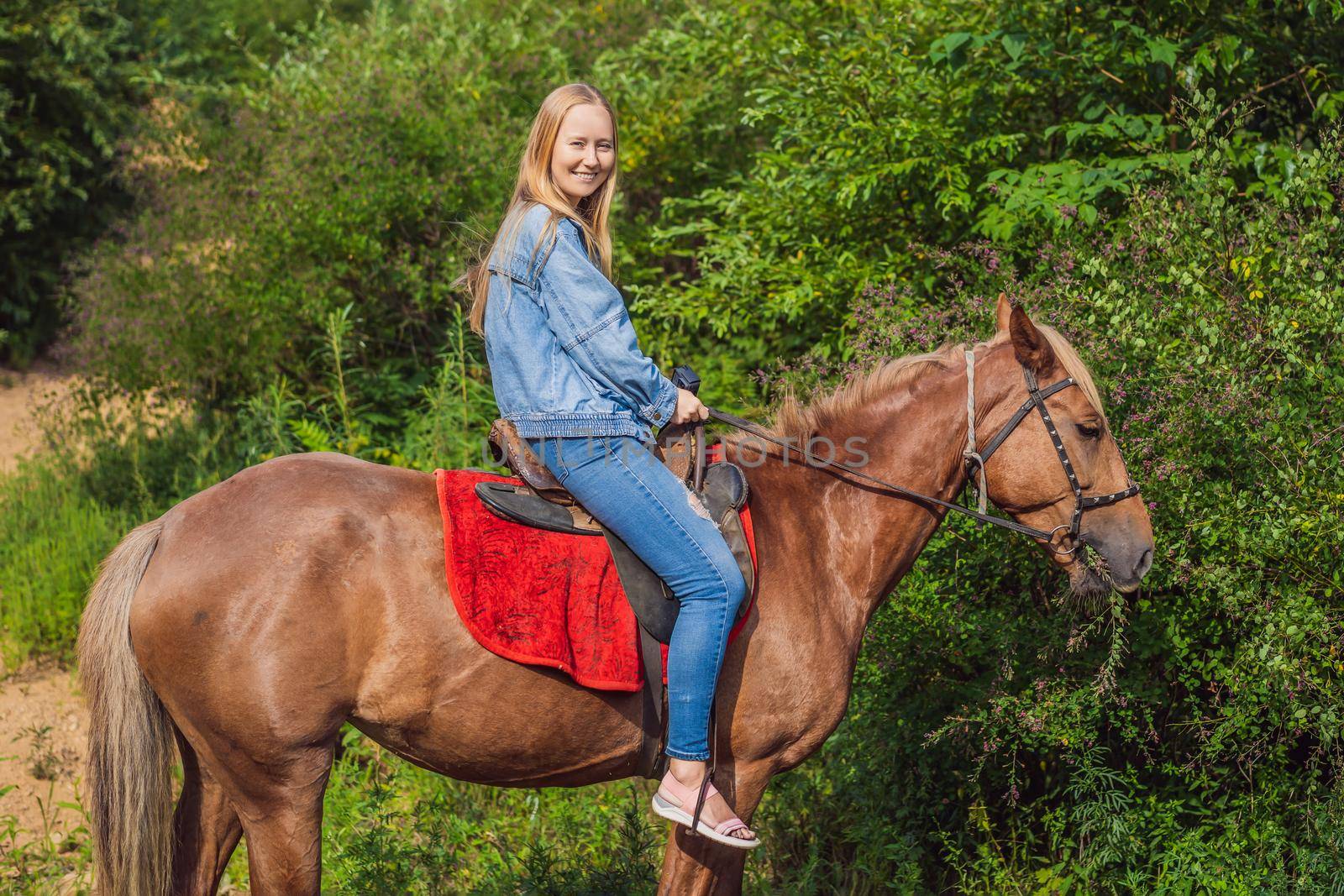 Beautifulwoman riding a horse in countryside.