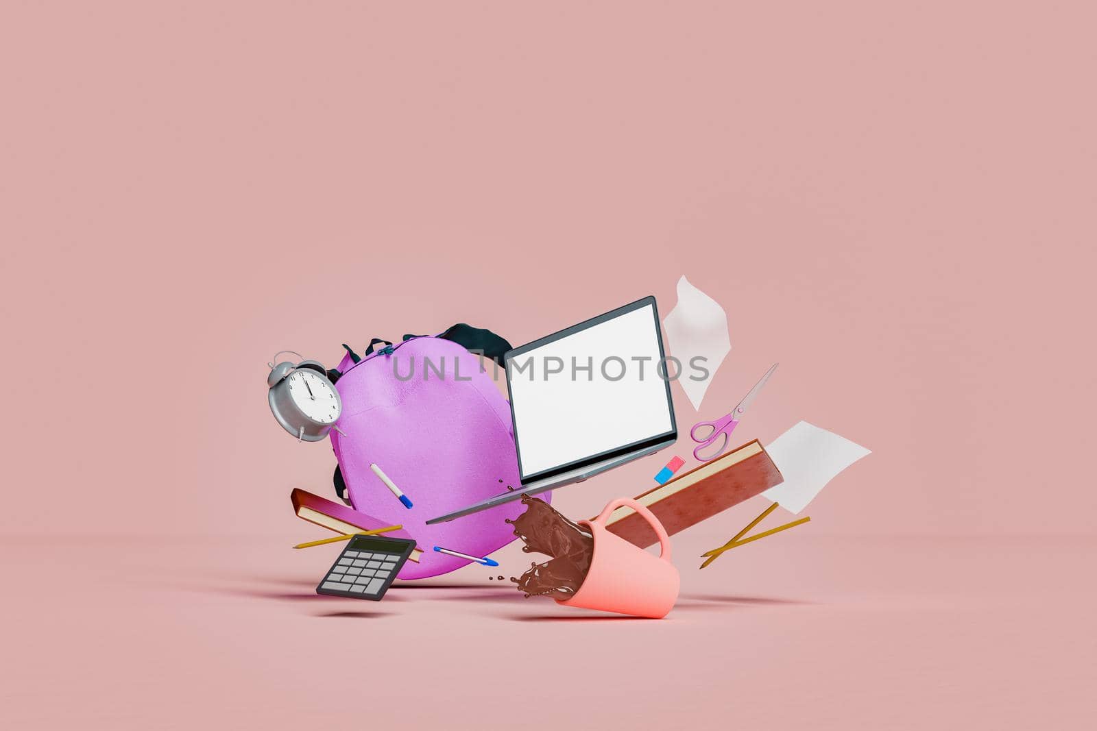 school supplies with laptop and coffee cup floating by asolano