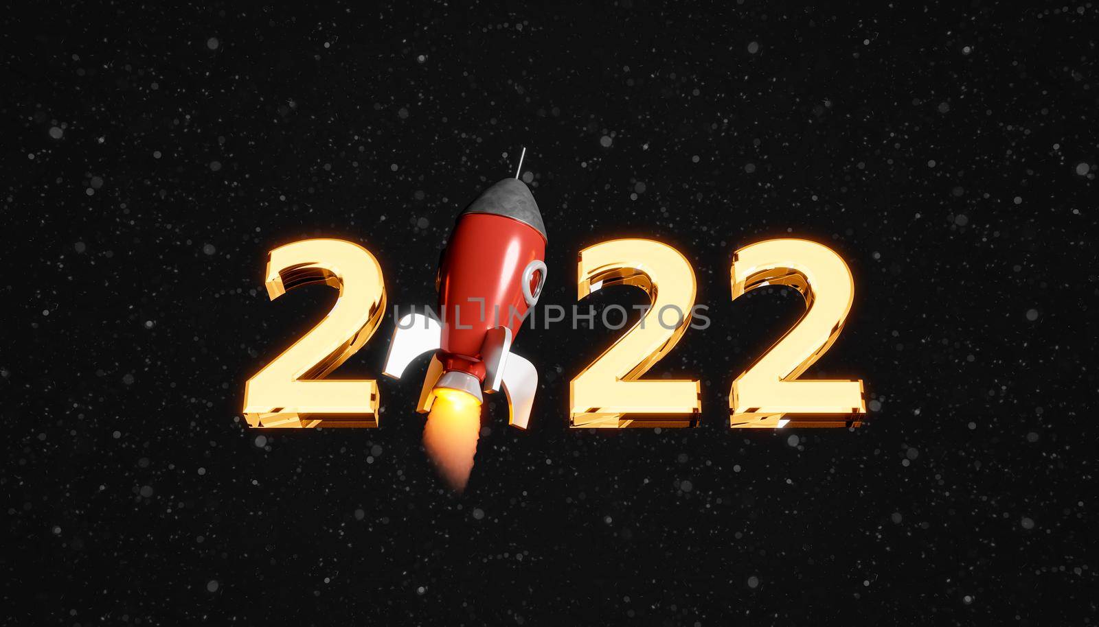 illuminated number 2022 with a rocket in the middle and background of blurred particles. concept of new year, beginning and success. 3d rendering