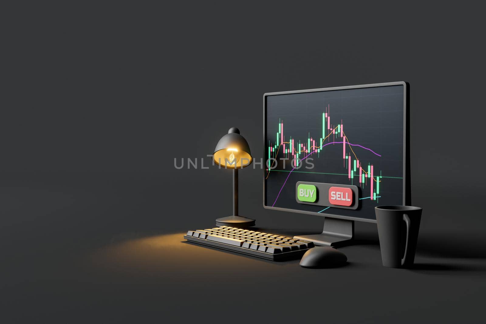 computer screen with candlestick chart and lamp by asolano