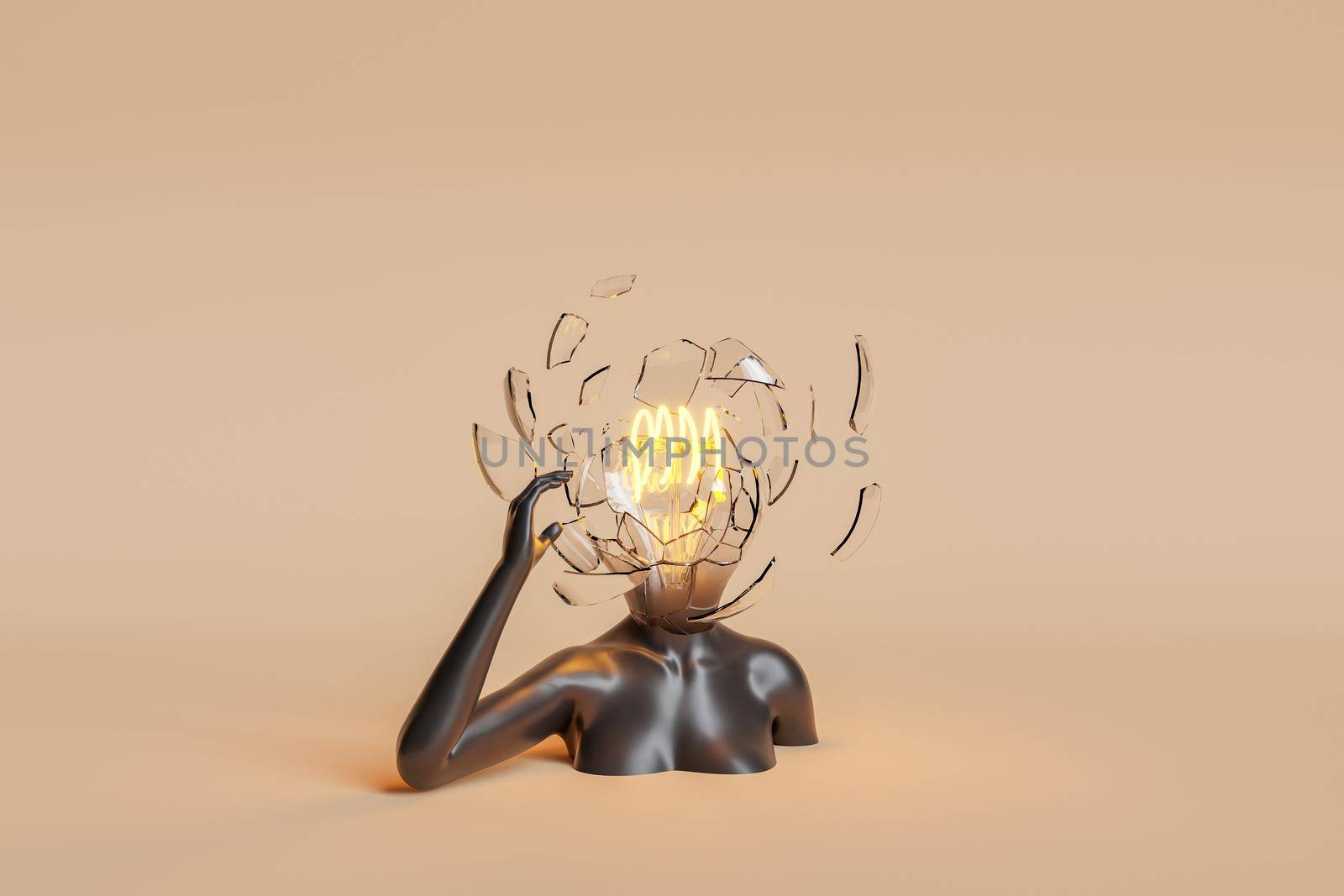 female bust with exploding light bulb head. explosive idea concept, mental, learning and brainstorming. 3d rendering