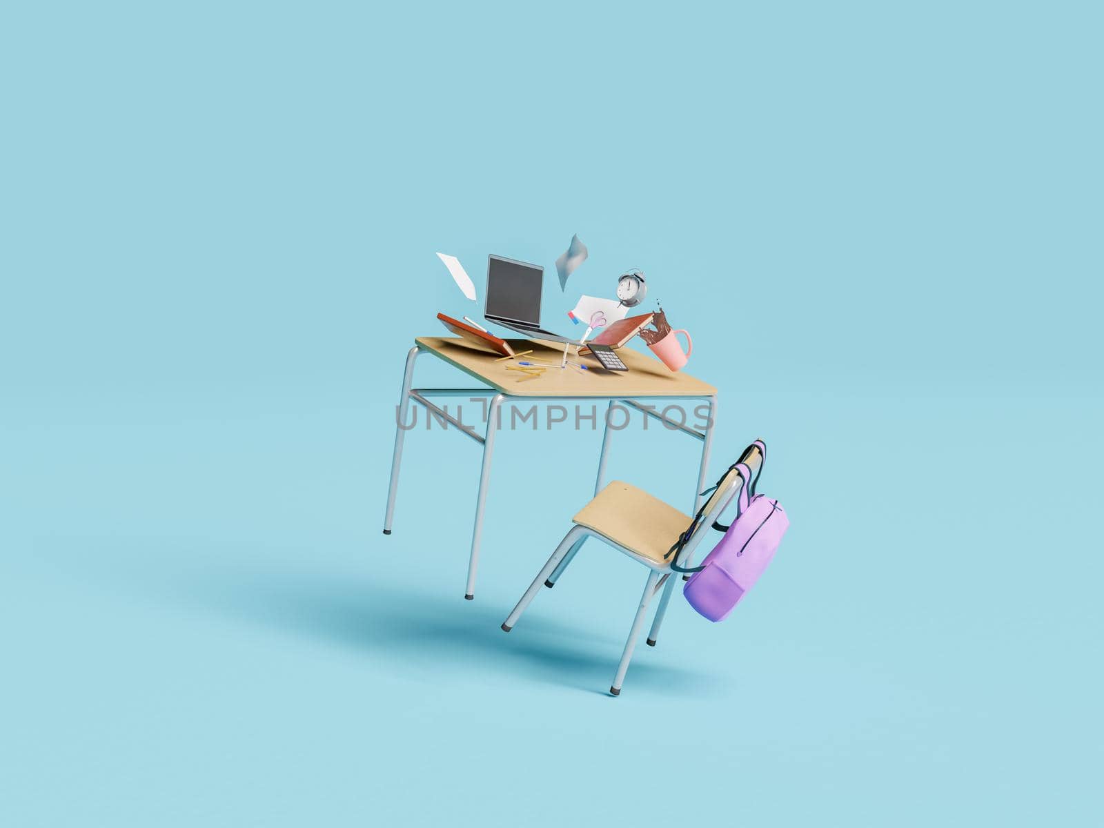 school desk with backpack hanging on the chair and school supplies floating on the table. concept of education, study, stress and learning. 3d rendering