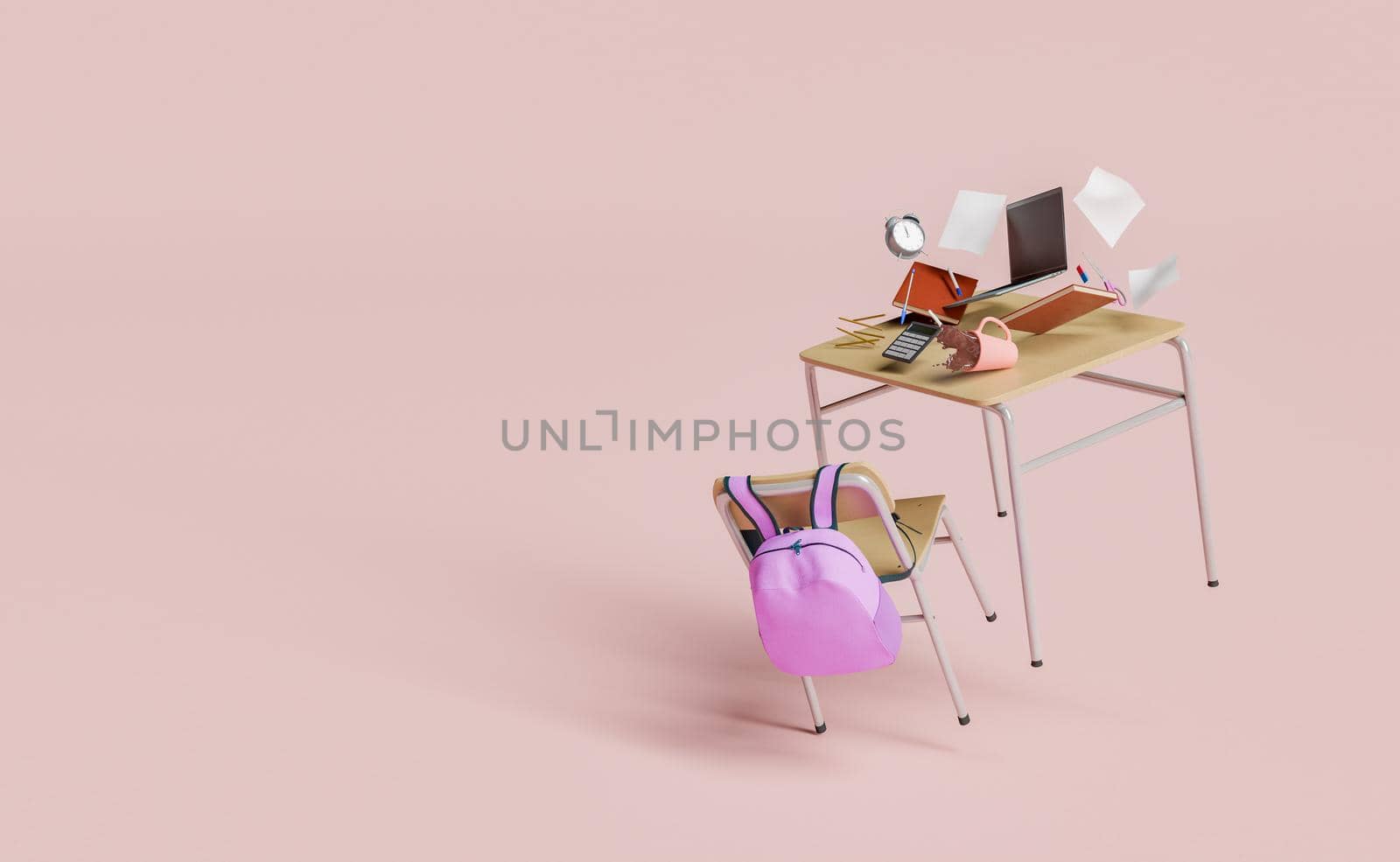 school desk with laptop and school supplies floating. concept of education, stress, study and learning. 3d rendering