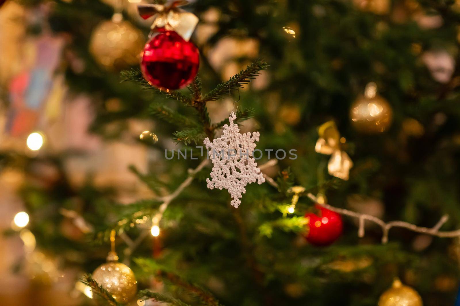 Decorated Christmas tree in Orthodox church on Christmas eve. Religious Christmas celebration concept