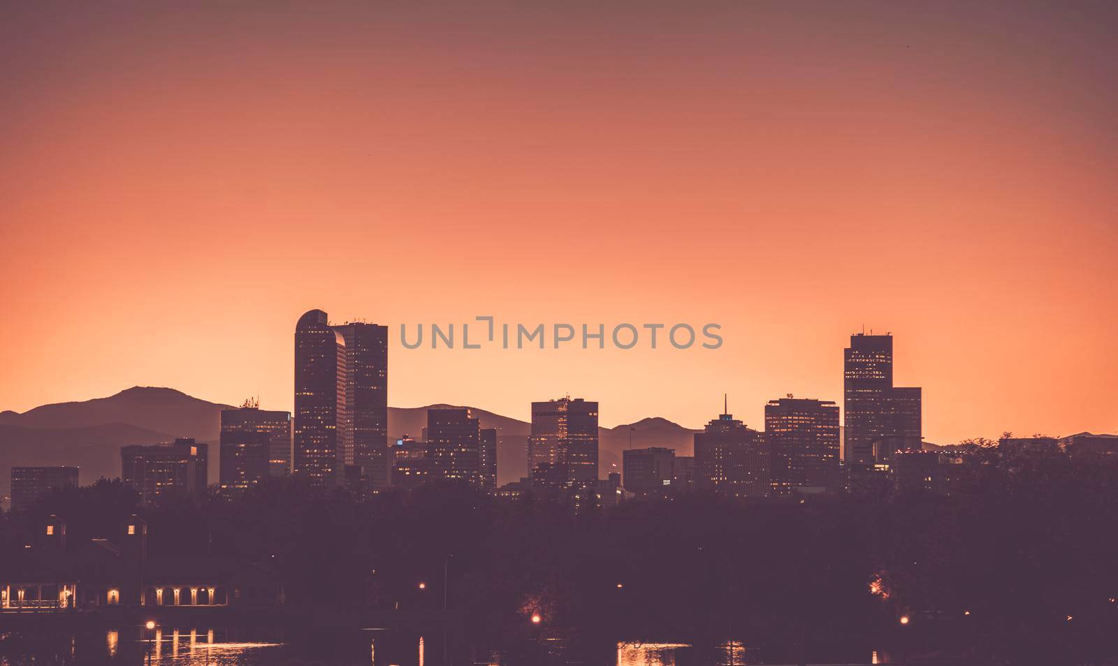 Denver Colorado Skyline Sunset Scenery. Warm Pinky Color Grading Theme. Downtown District. United States of America.