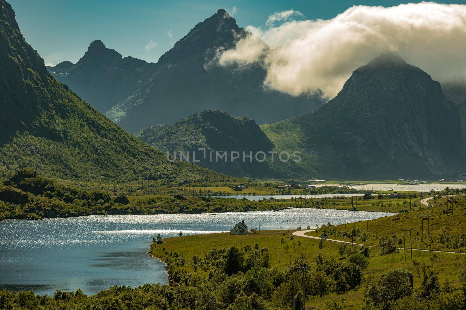 Scenic Summer in the Lofoten Archipelago Norway. Atlantic Ocean and Green Dramatic Mountains. Nordland County.