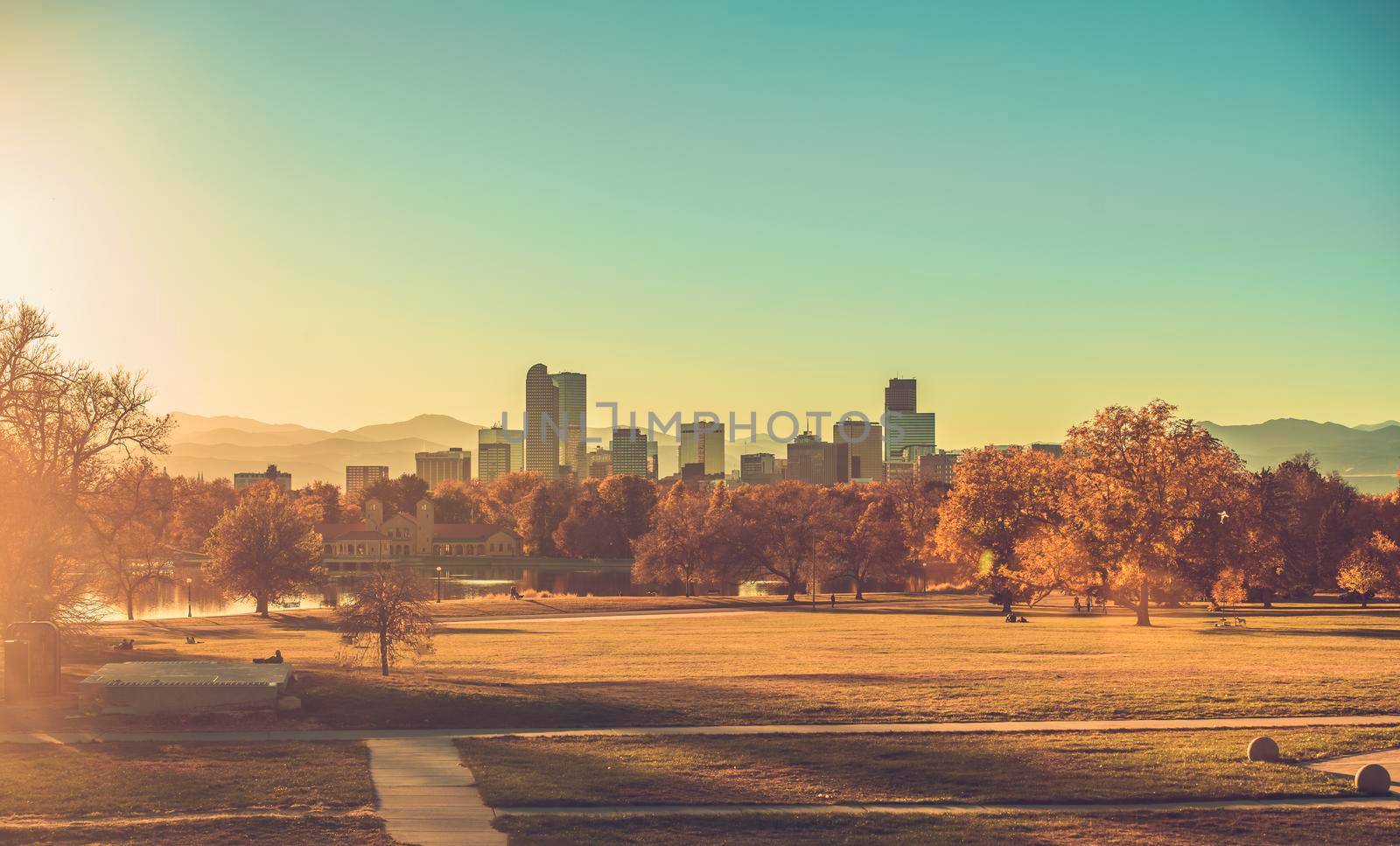 Sunny Fall Time Afternoon Sunset in the Denver Downtown Park Colorado. United States of America.