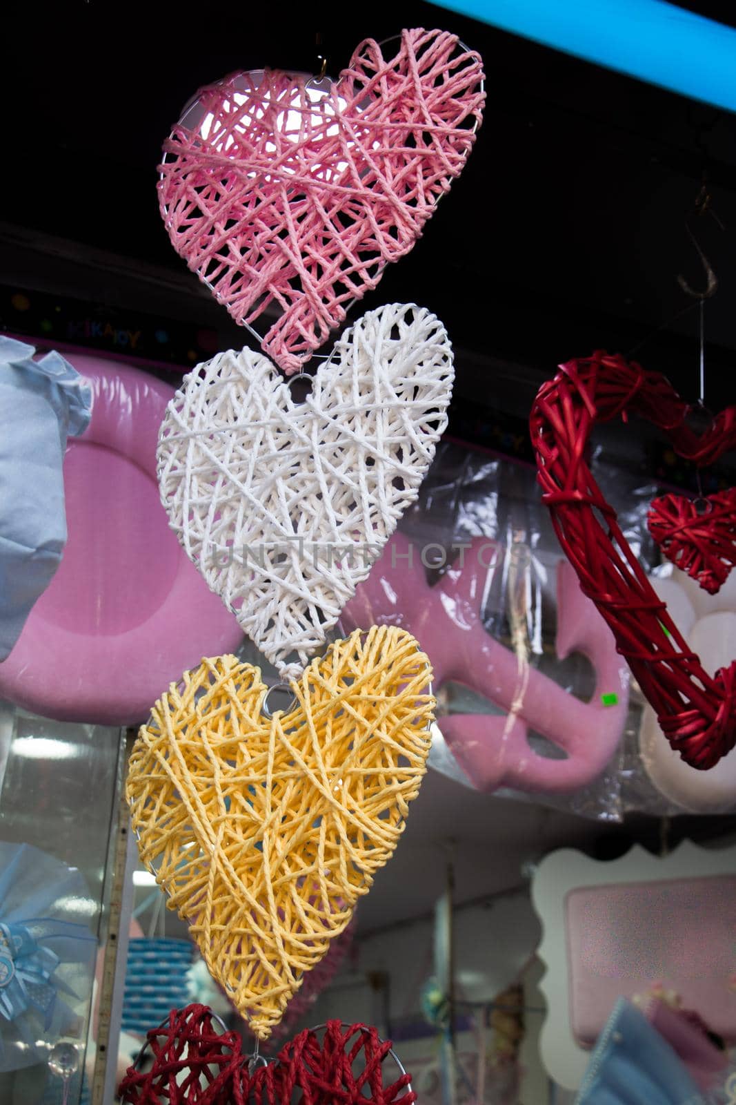 Colorful decorative objects in the shape of a heart