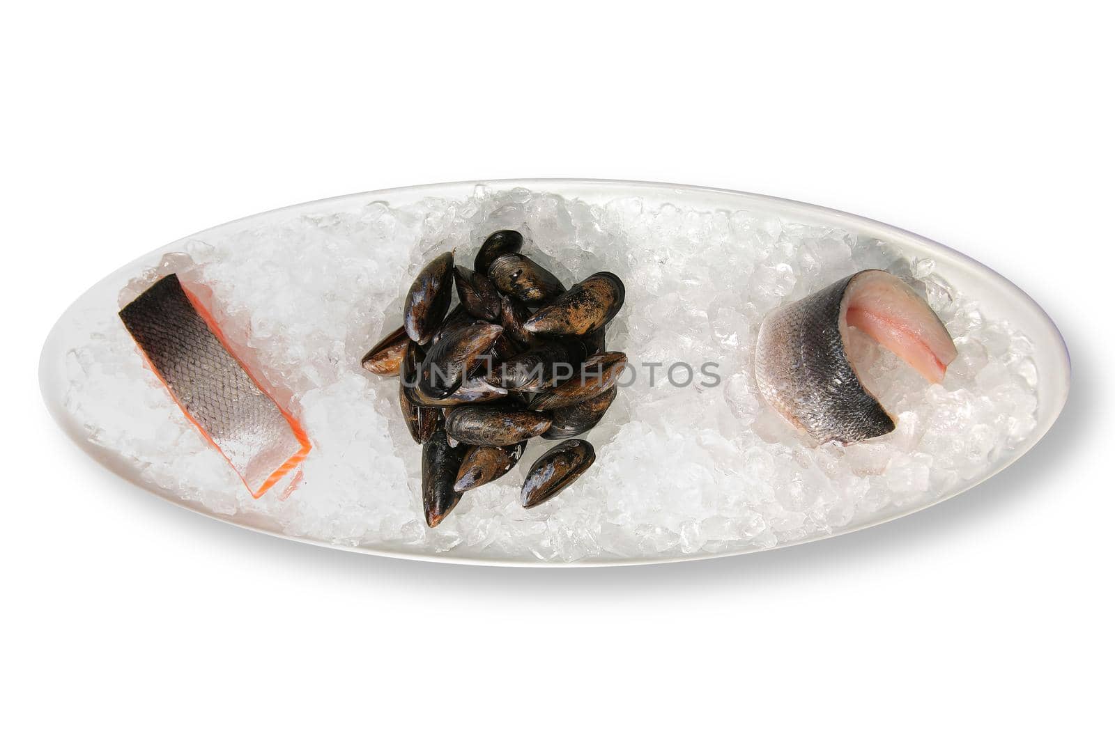 Salmon steak mussels and sea bass on a bed of ice