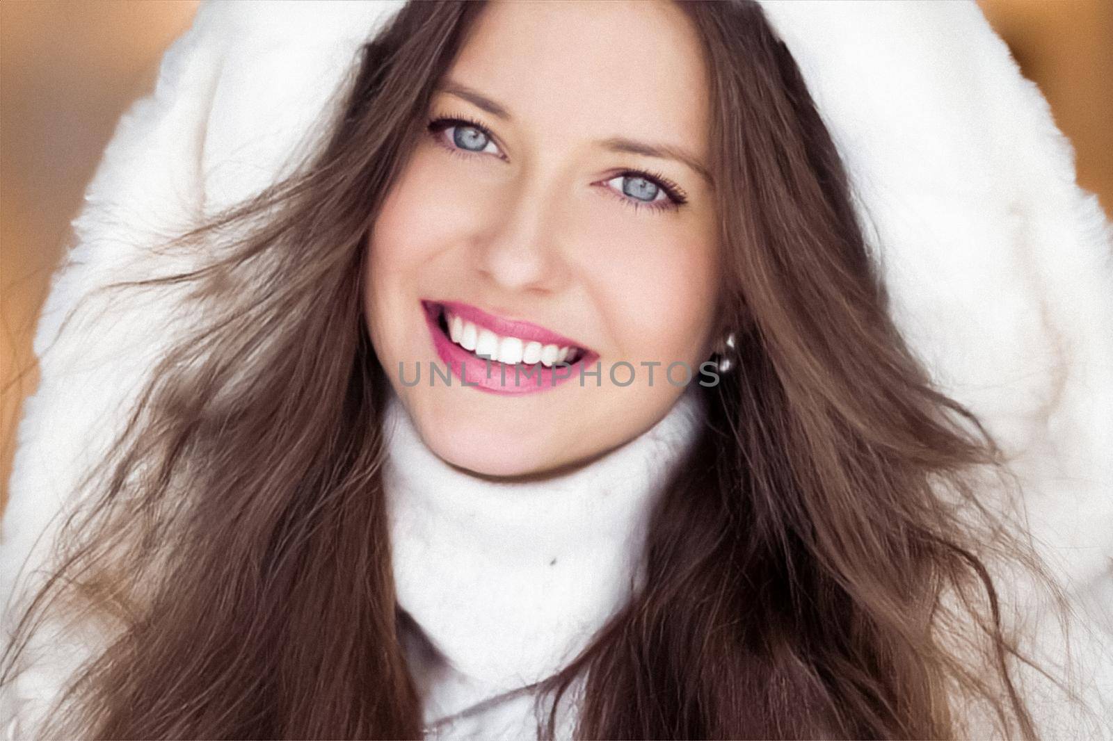 Winter fashion and Christmas holiday look. Beautiful woman wearing white sweater and fluffy fur coat with hood wrap, glamour makeup and hairstyle as xmas portrait.