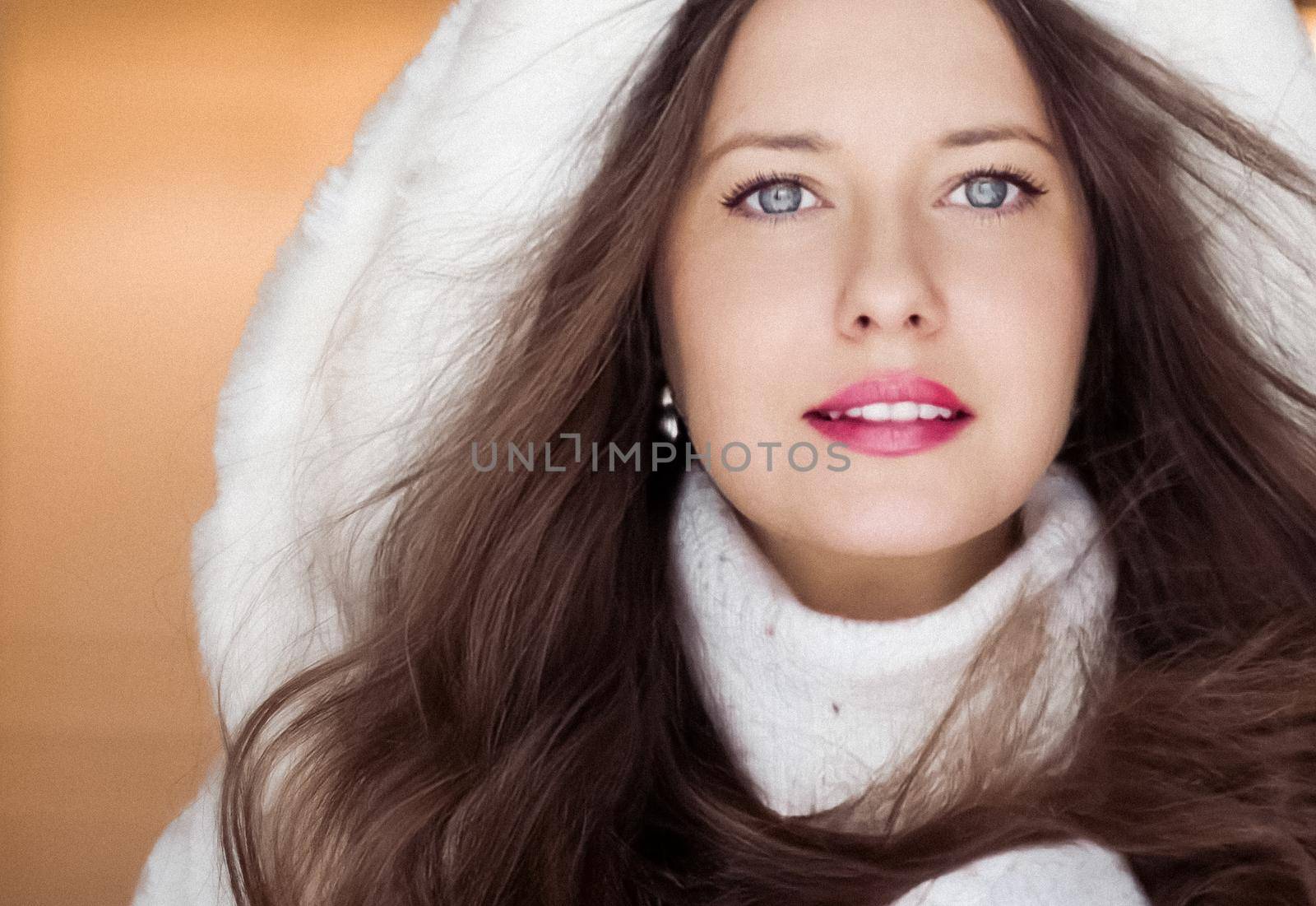 Winter fashion and Christmas holiday look. Beautiful woman wearing white sweater and fluffy fur coat with hood wrap, glamour makeup and hairstyle as xmas portrait.