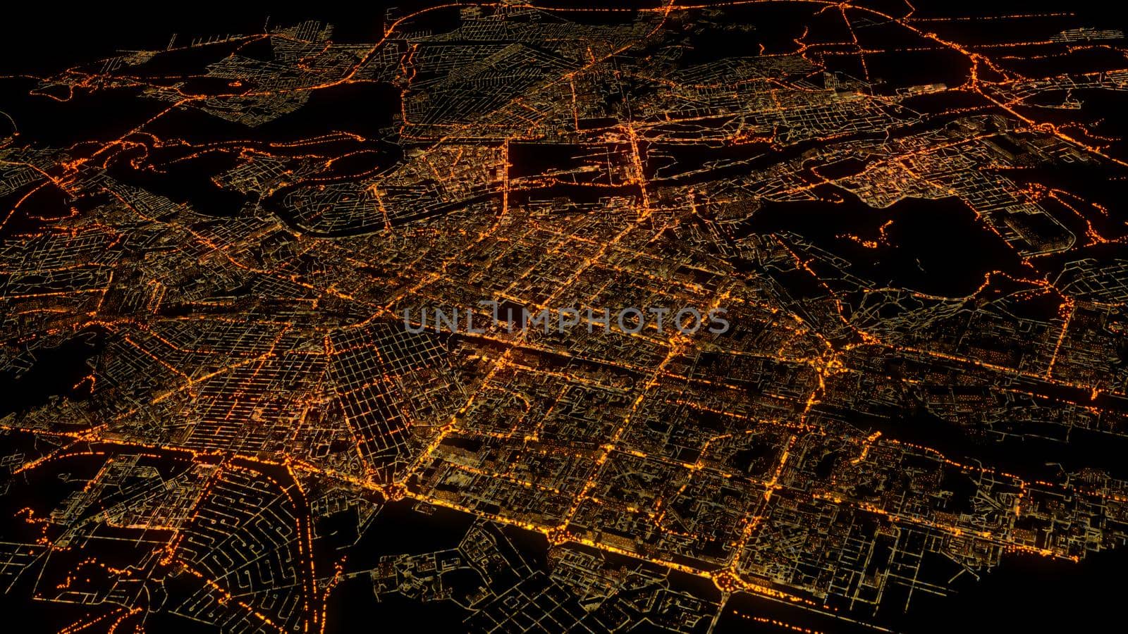 Aerial view of abstract 3d city at night. 3d illustration