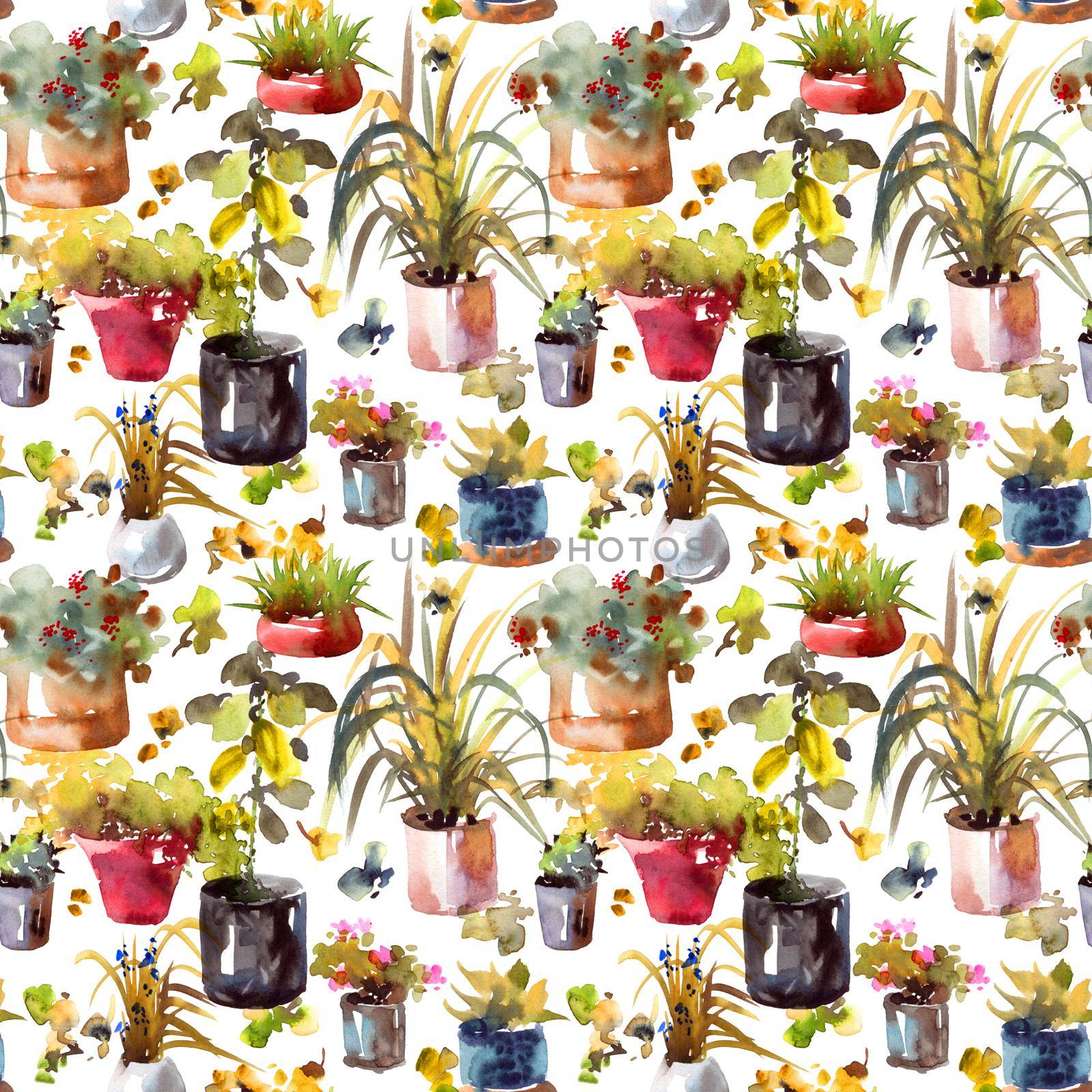 Watercolor seamless pattern - llustration of home plants in a pots on white background