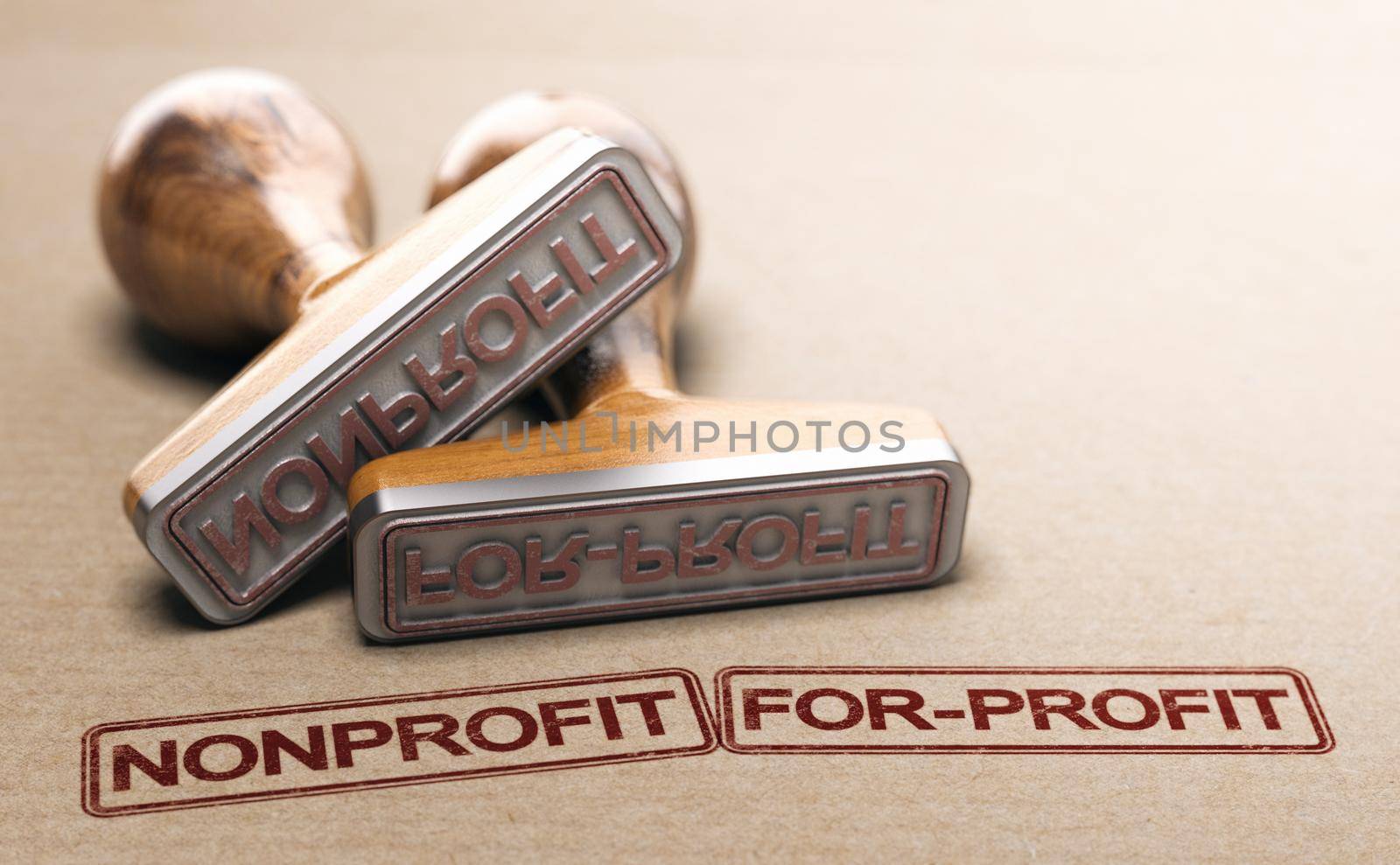 Nonprofit and for-profit printed on paper background with two rubber stamps. 3d illustration.