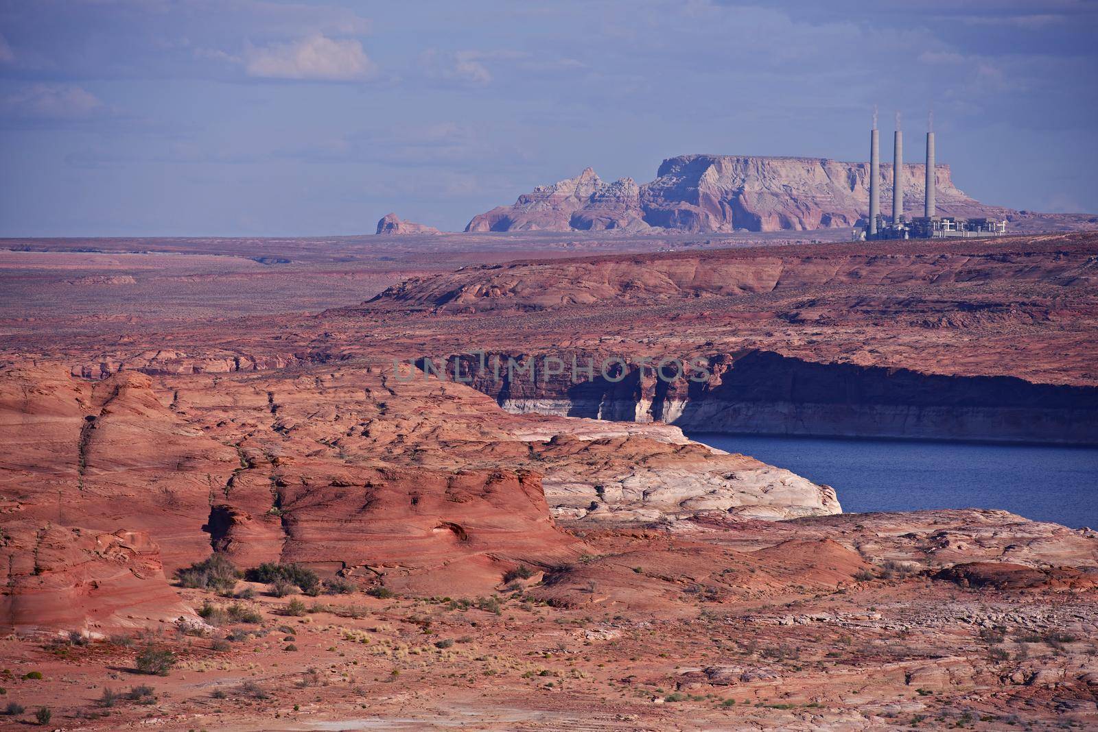 Red Sandstones and Lake Powell in Page, Arizona. Navajo Generating Station in a Distance. Arizona Photography Collection. by welcomia