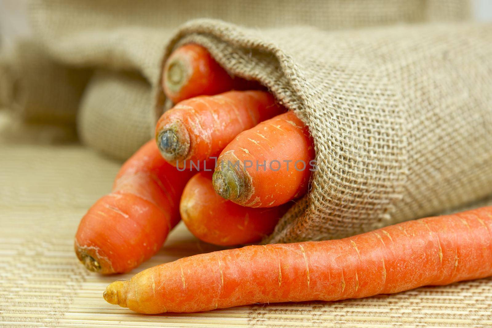 Fresh Carrots in Linen Bag Material. Organic Carrots. Vegetables Photo Collection.
