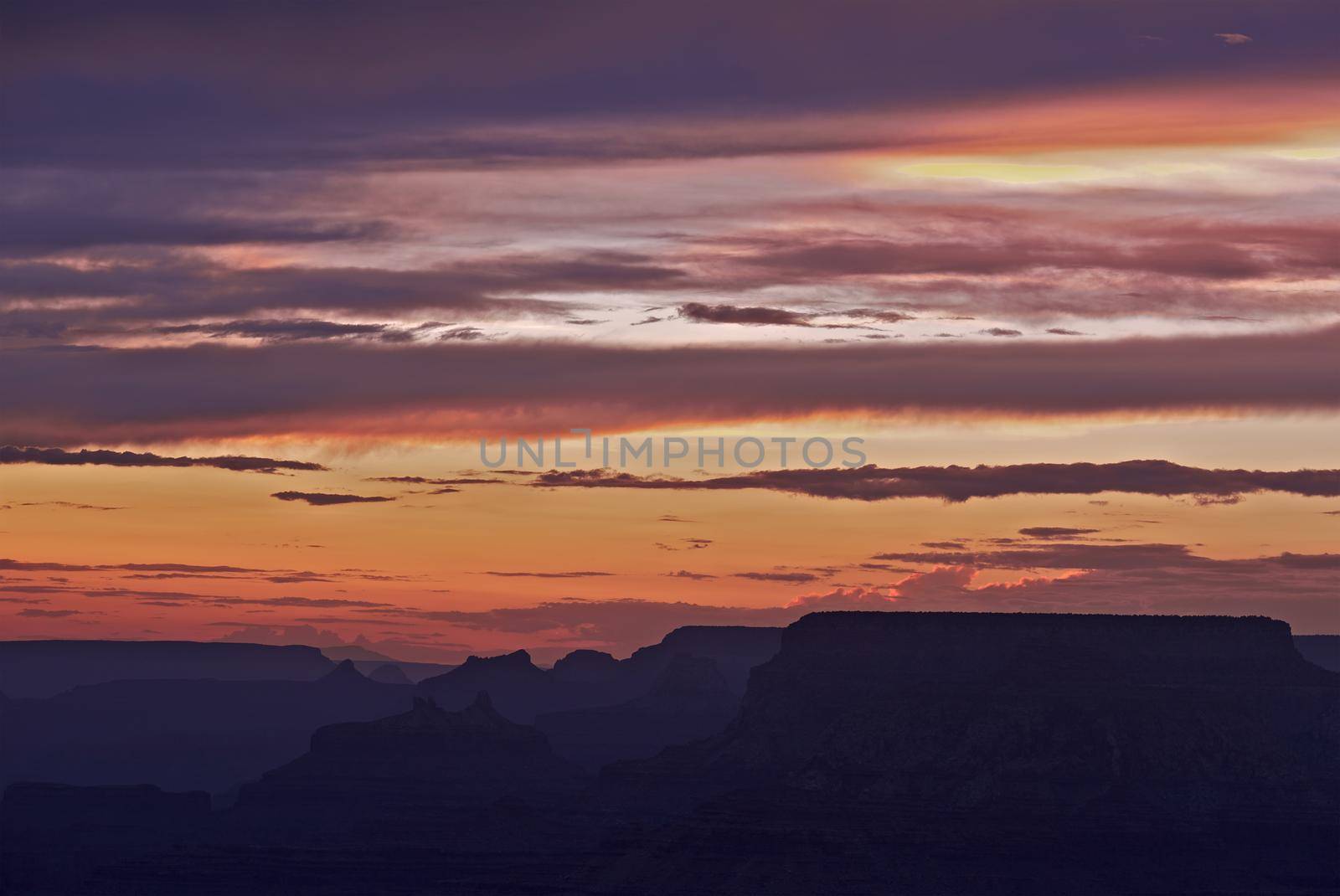 Grand Canyon Sunset Scenery. Grand Canyon National Park, Arizona, USA. Beautiful Sunset Sky. Arizona Photo Collection.