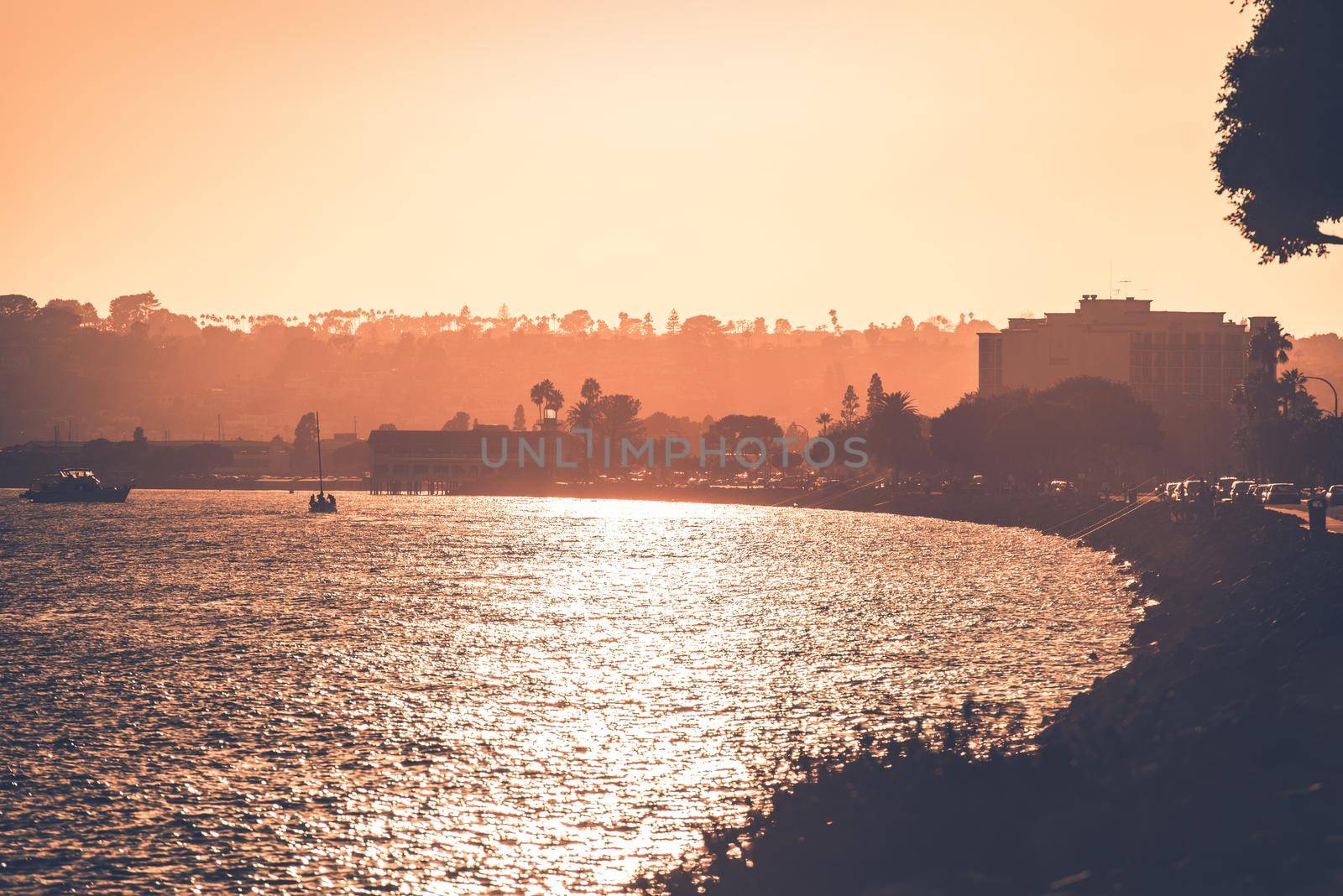 North San Diego Bay at Sunset. Reddish Heat Color Grading. San Diego, California, United States.