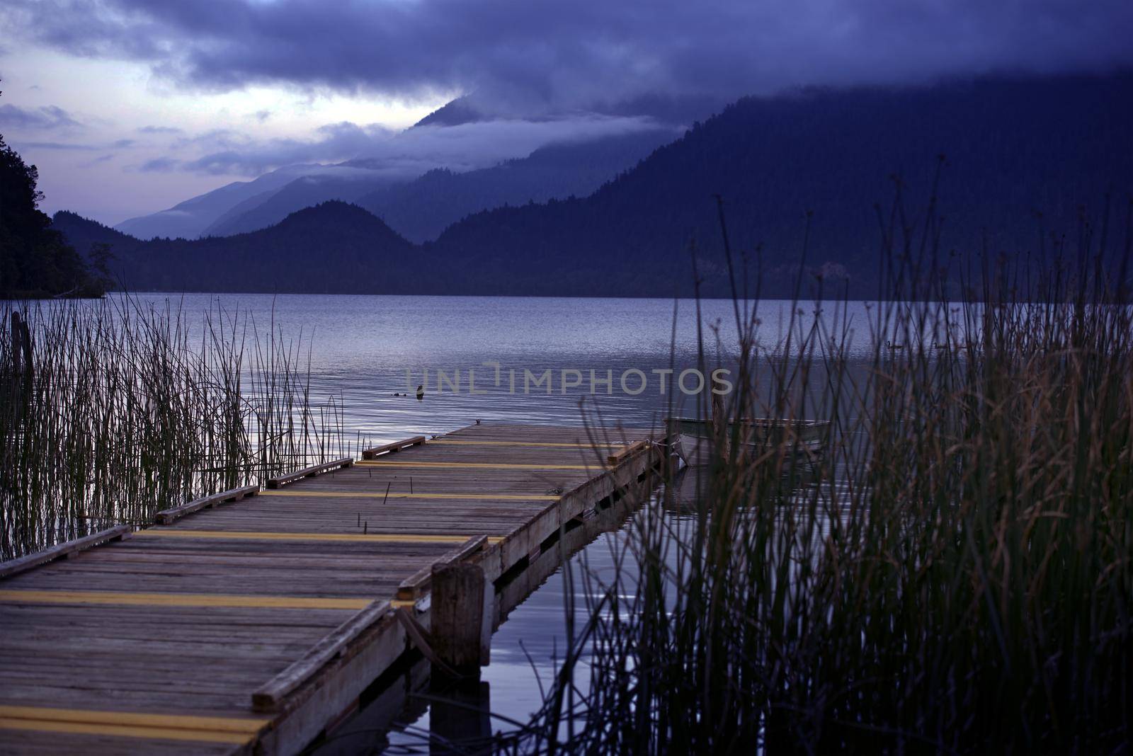 Wood Dock and the Boat. Lake Crescent at Evening. Washington State, USA. Olympic National Park. Recreation Photography Collection