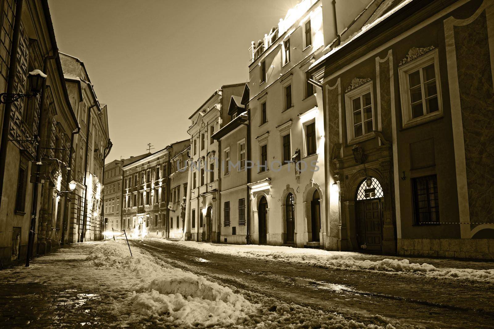 Krakow Old Town in Sepia. Old Krakow at Night. Krakow, Poland. Architecture Photography Collection.