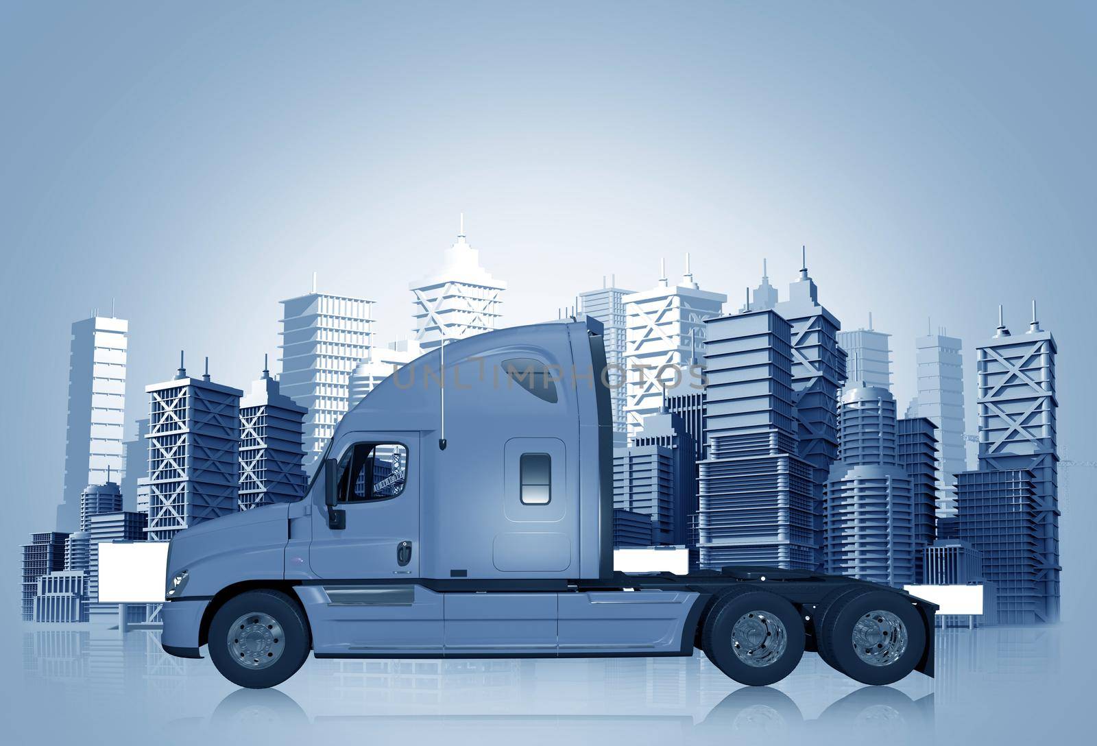 Truck and the City Skyline in Blue Color Tones. Trucking Concept Illustration. by welcomia