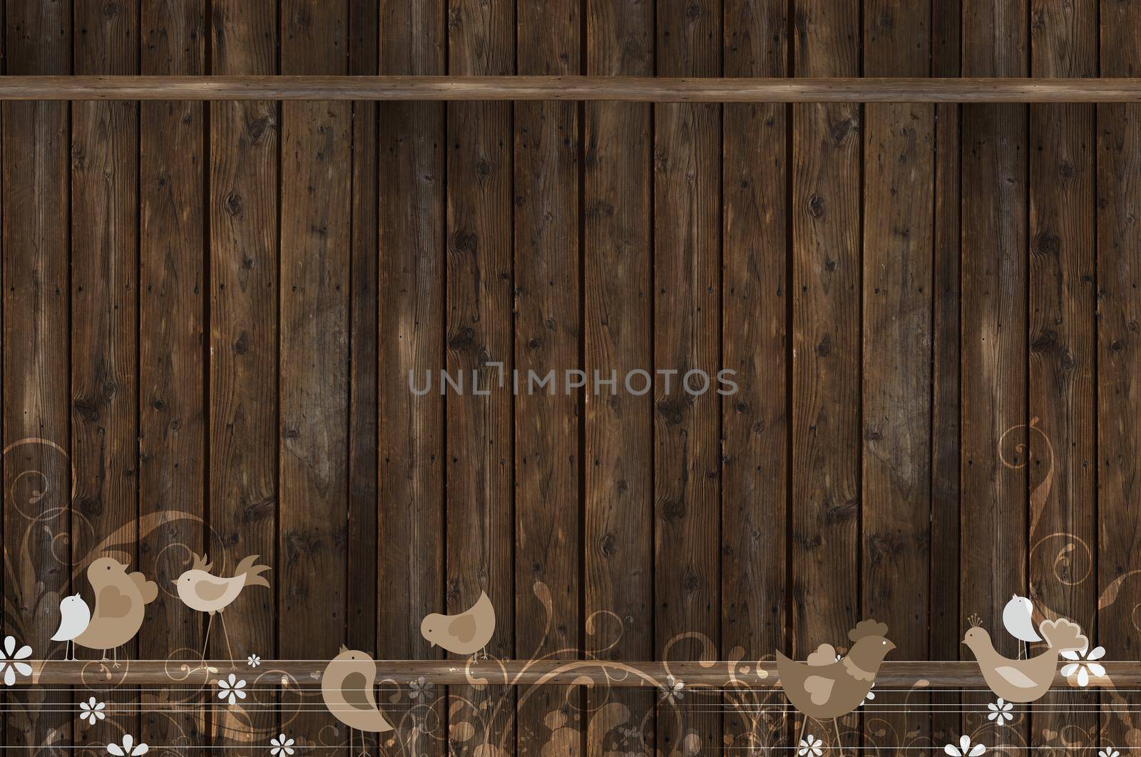 Wood Wall with Floral Elements and Birds Illustration. Vintage Browny Wood Background with Copy Space. by welcomia