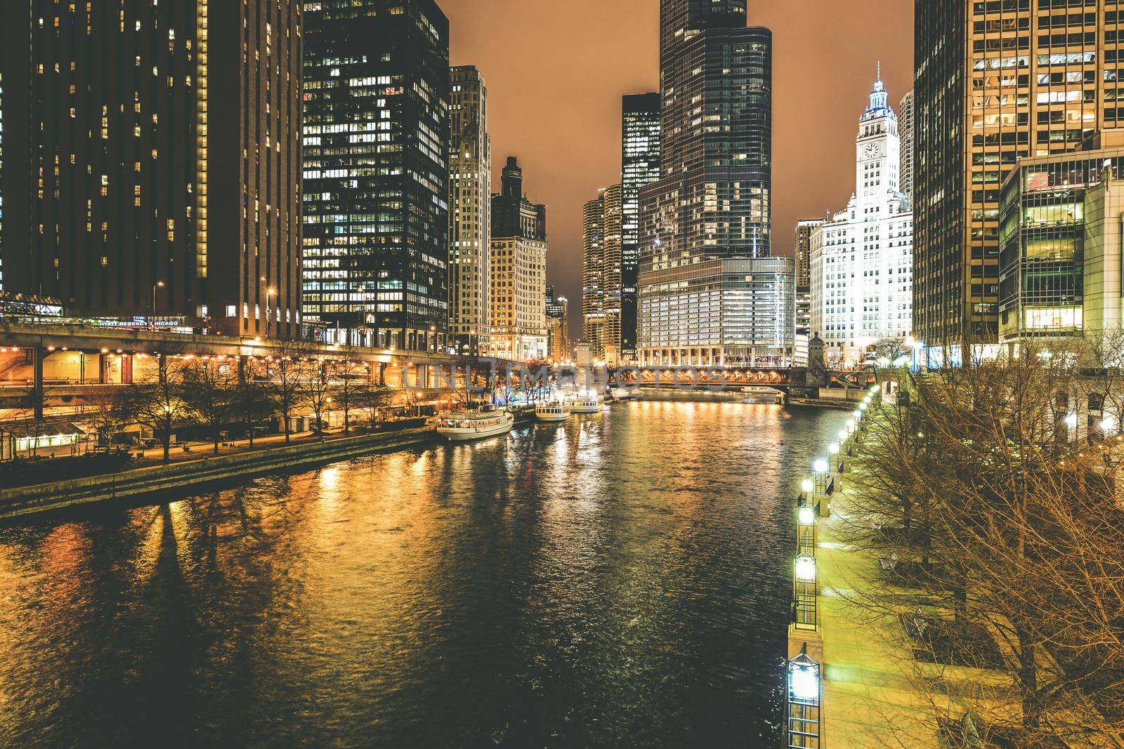 Chicago River at Night. Downtown Chicago Night Cityscape. by welcomia