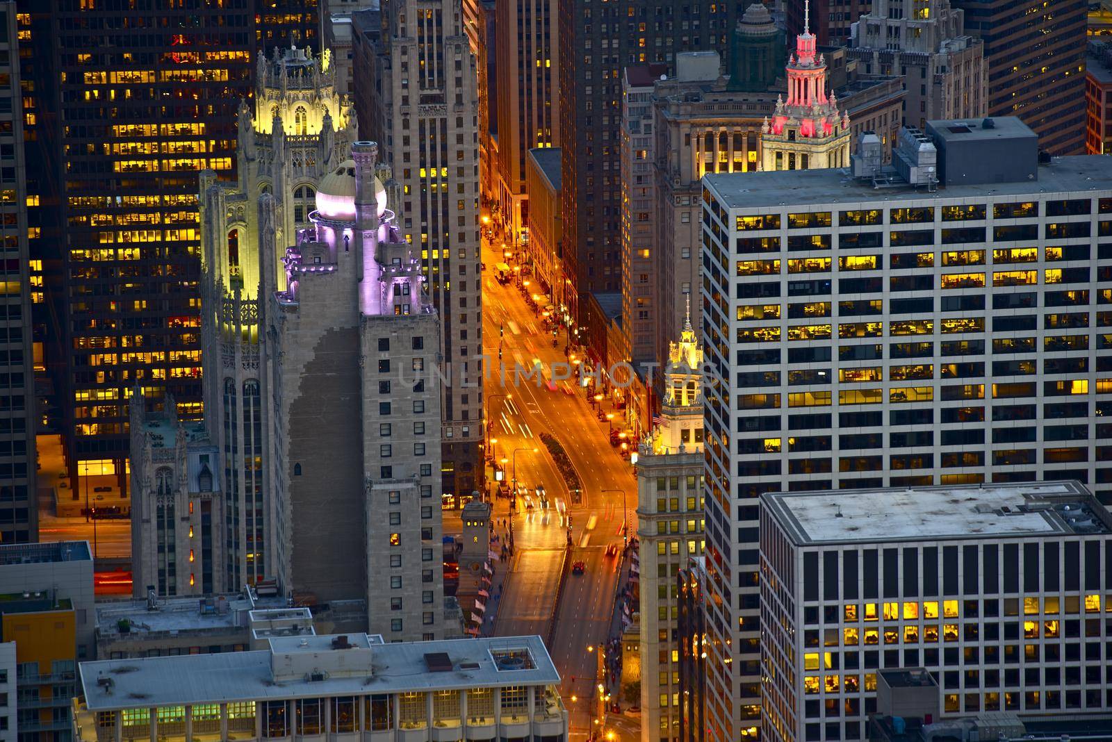 Streets of Chicago at Night - Bird Eye View. Michigan Avenue. Chicago, USA by welcomia