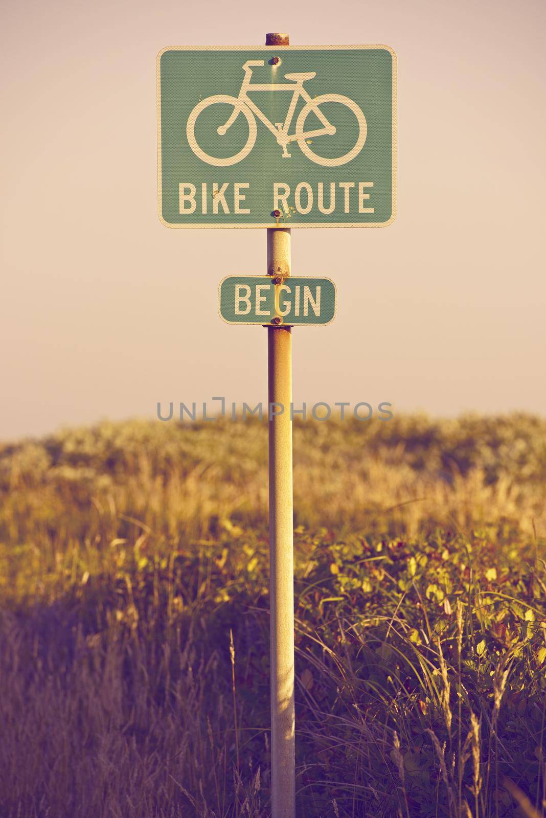 Bike Route Begin Traffic Sign in California, USA. Signage Photo Collection.