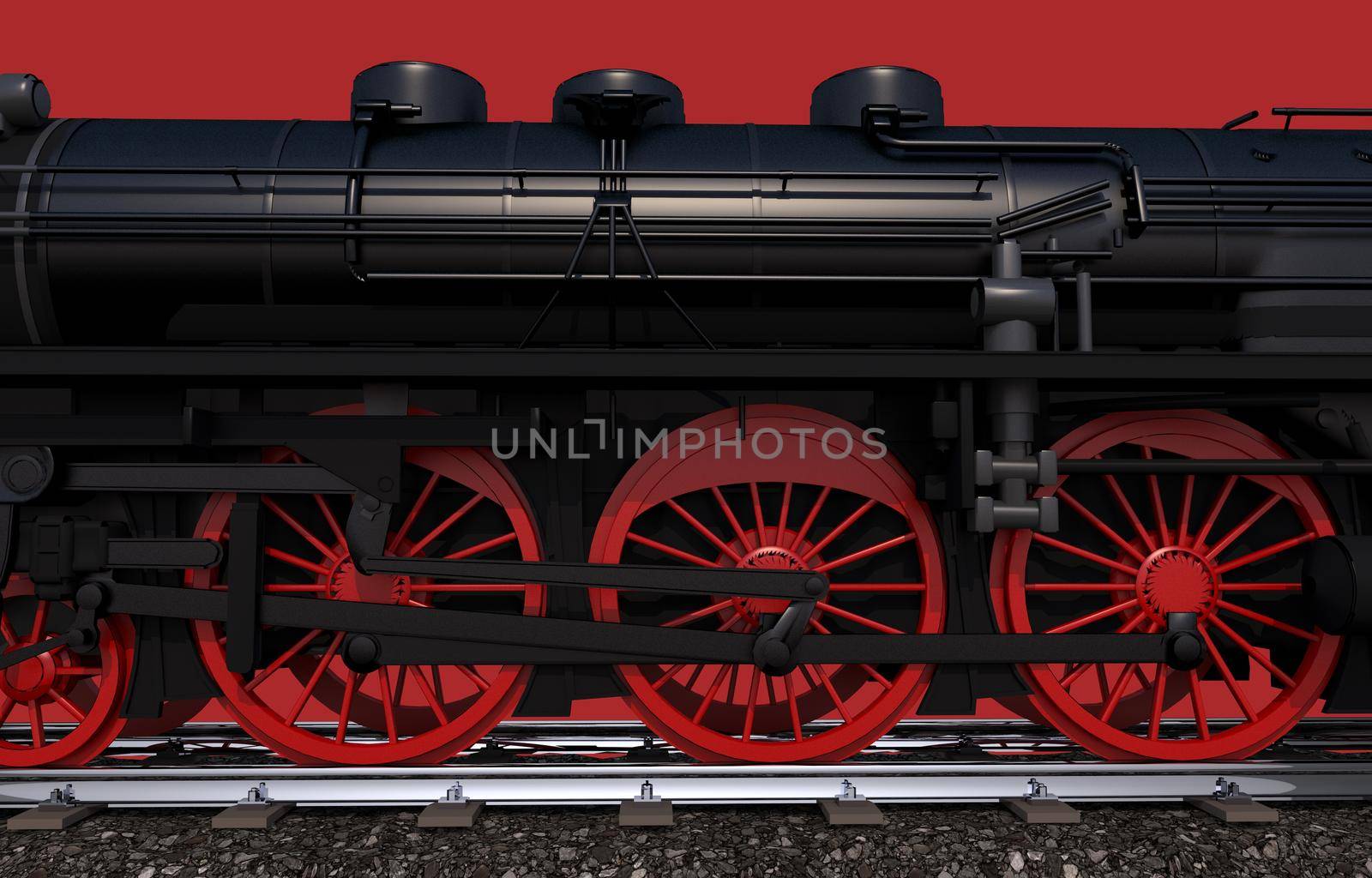 Steam Locomotive Wheels Closeup Illustration on Red Background.  by welcomia