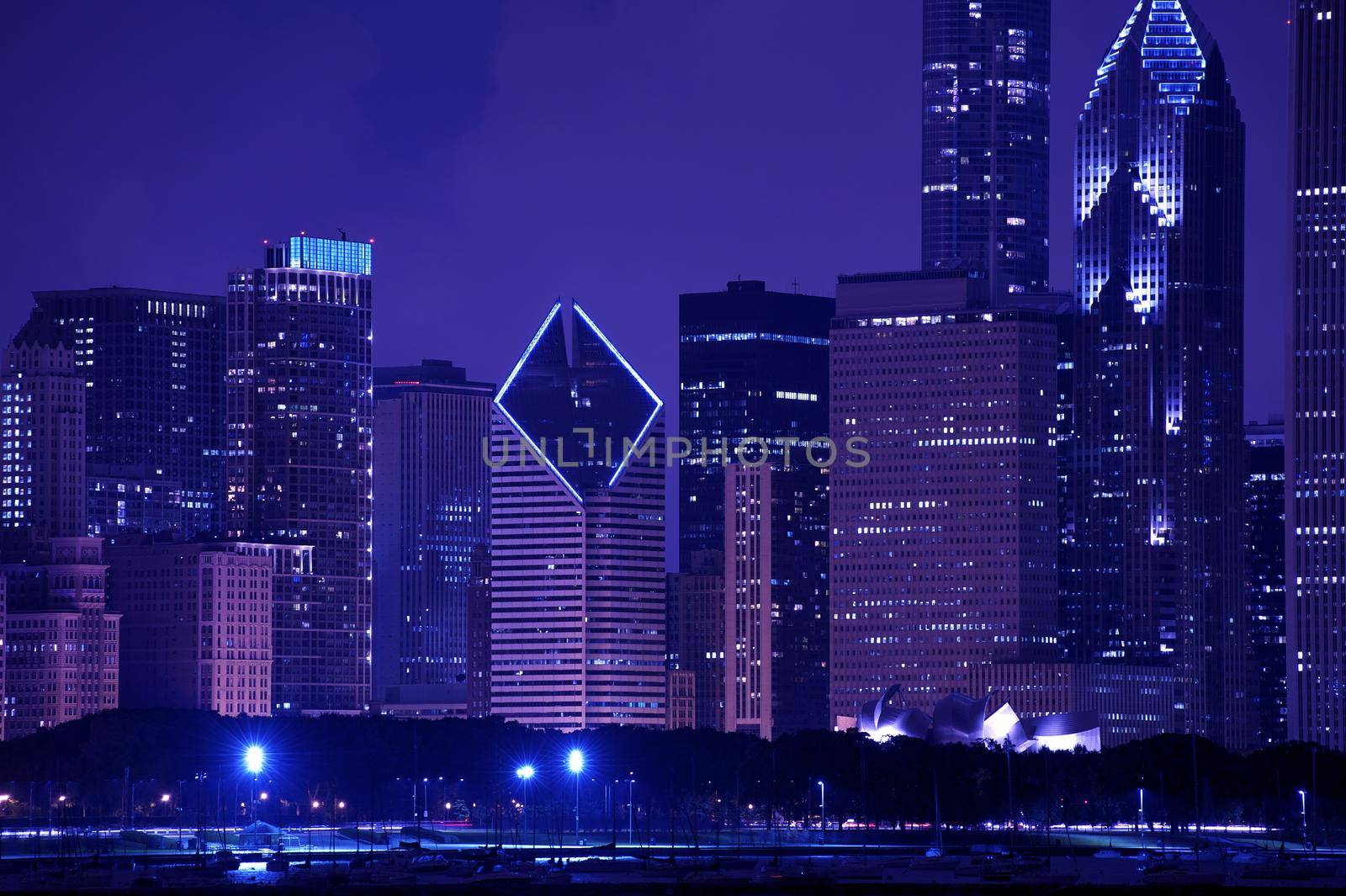 Beautiful Chicago Skyline After Dark. Purple-Blue Tones. Chicago Skyline Horizontal Photo. Chicago, Illinois, USA by welcomia