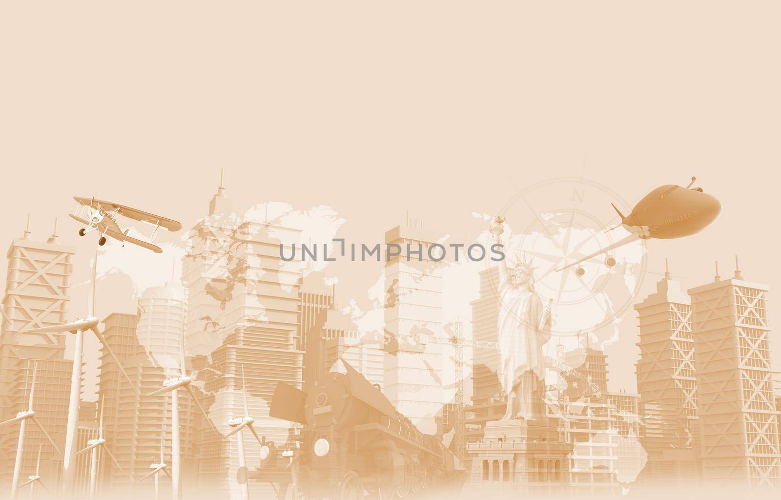 Travel Conceptual Background Illustration. Cityscape, Statue of Liberty, Biplane, Jet Airplane, Steam Locomotive and World Map Overlay.