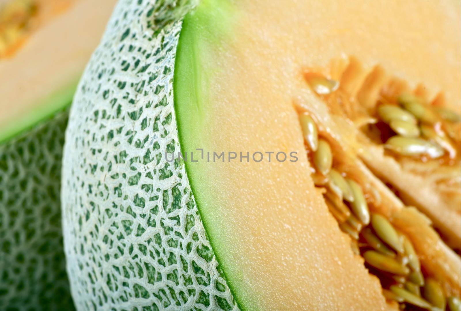 Cantaloupe Melon in Closeup Photography. Originally Cantaloupe Referred Only to the Non-Netted Orange Fleshed Melons. Cantaloupe Melon Horizontal Photo. by welcomia