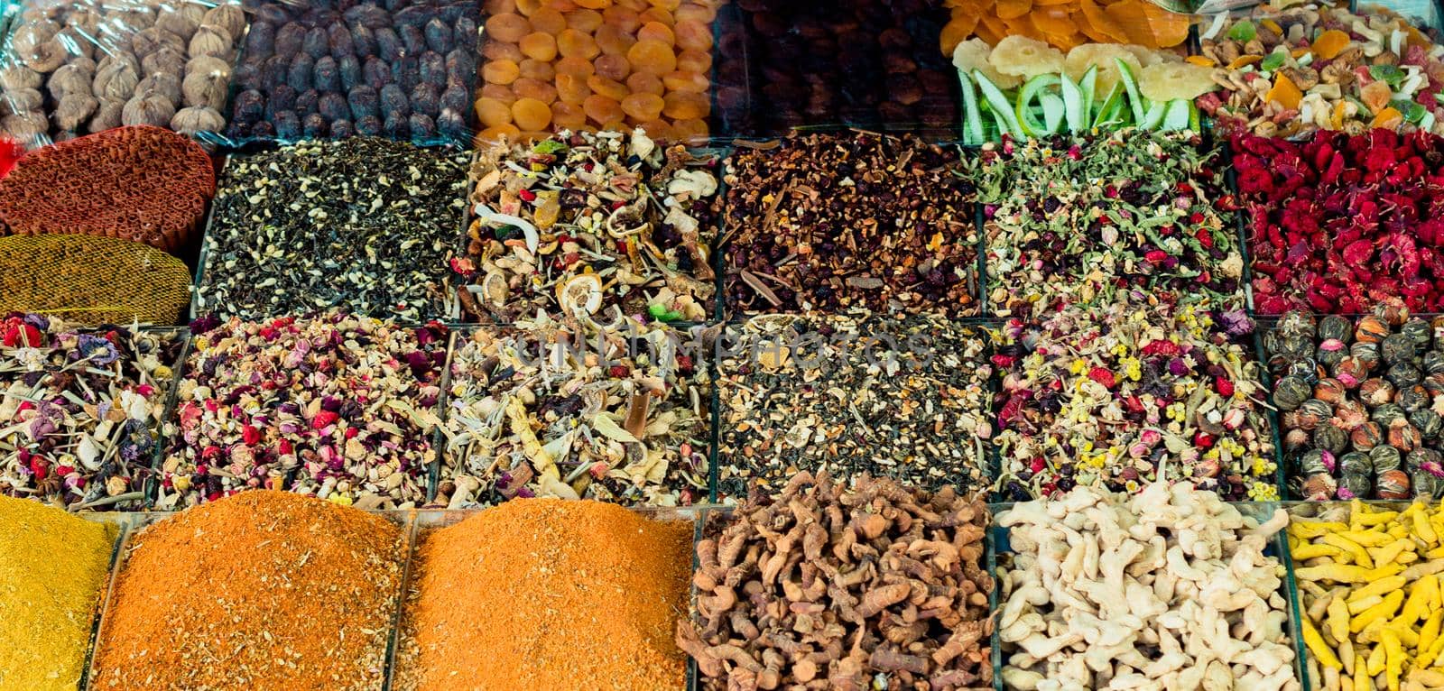 Variety of spices and herbs as Colorful spice background