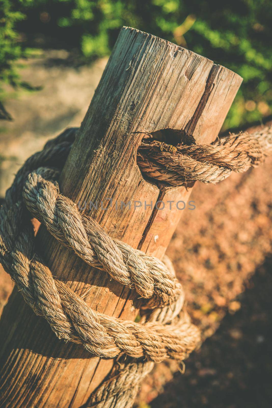 Rope and Wood. Wooden Pole and Rope. Part of Decorative Garden Fence.