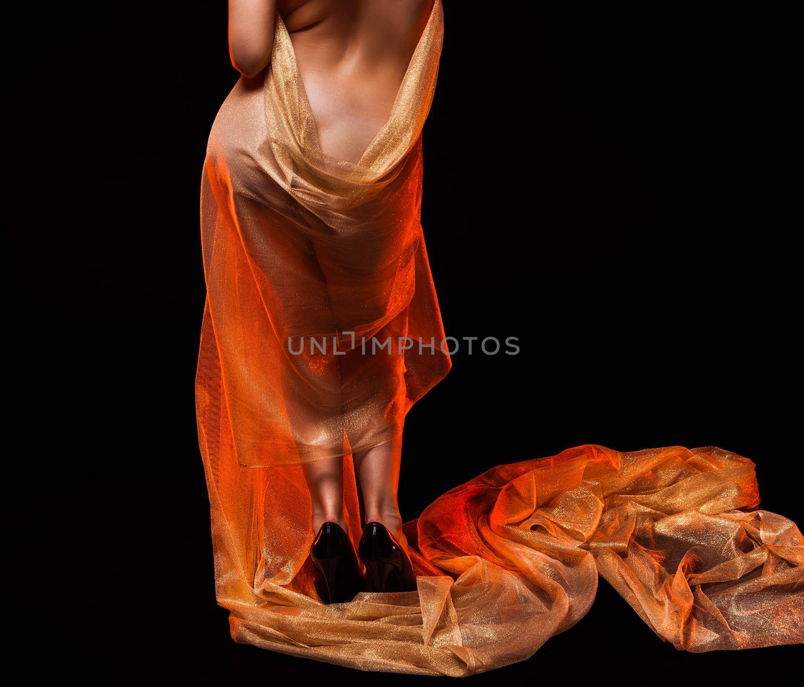 Young nude woman posing in studio with a golden shawl on a dark background. View from the back. 