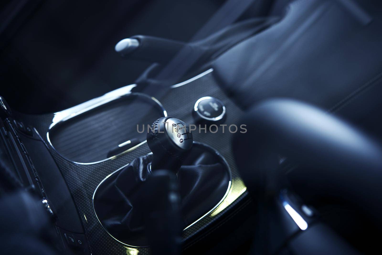 Stick Shift Drive. Sports Car  Interior. Top View Closeup Through Windshield. Transportation Photography Collection. Manual Transmission Drive. 