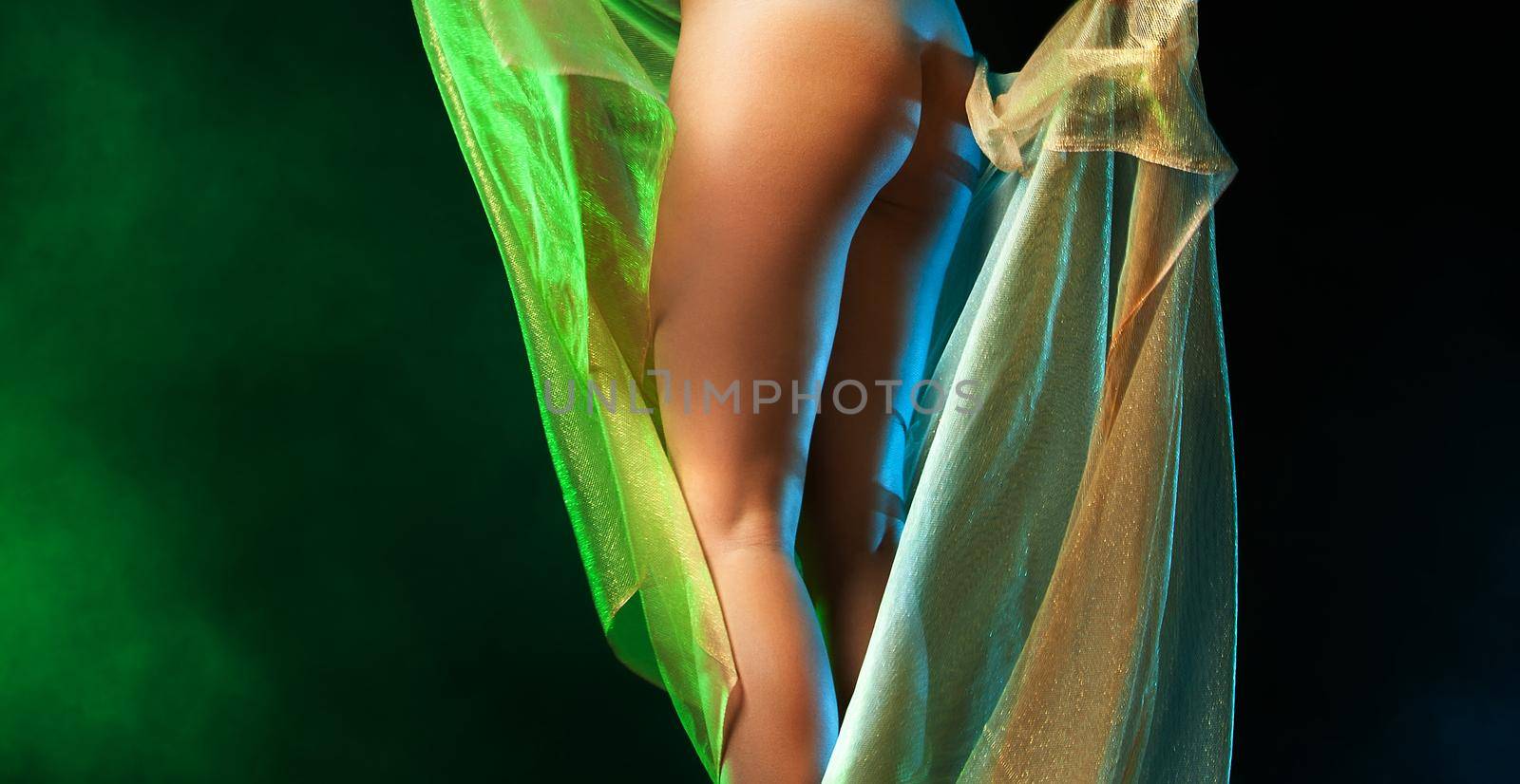 Nude woman posing in studio with a golden shawl by palinchak