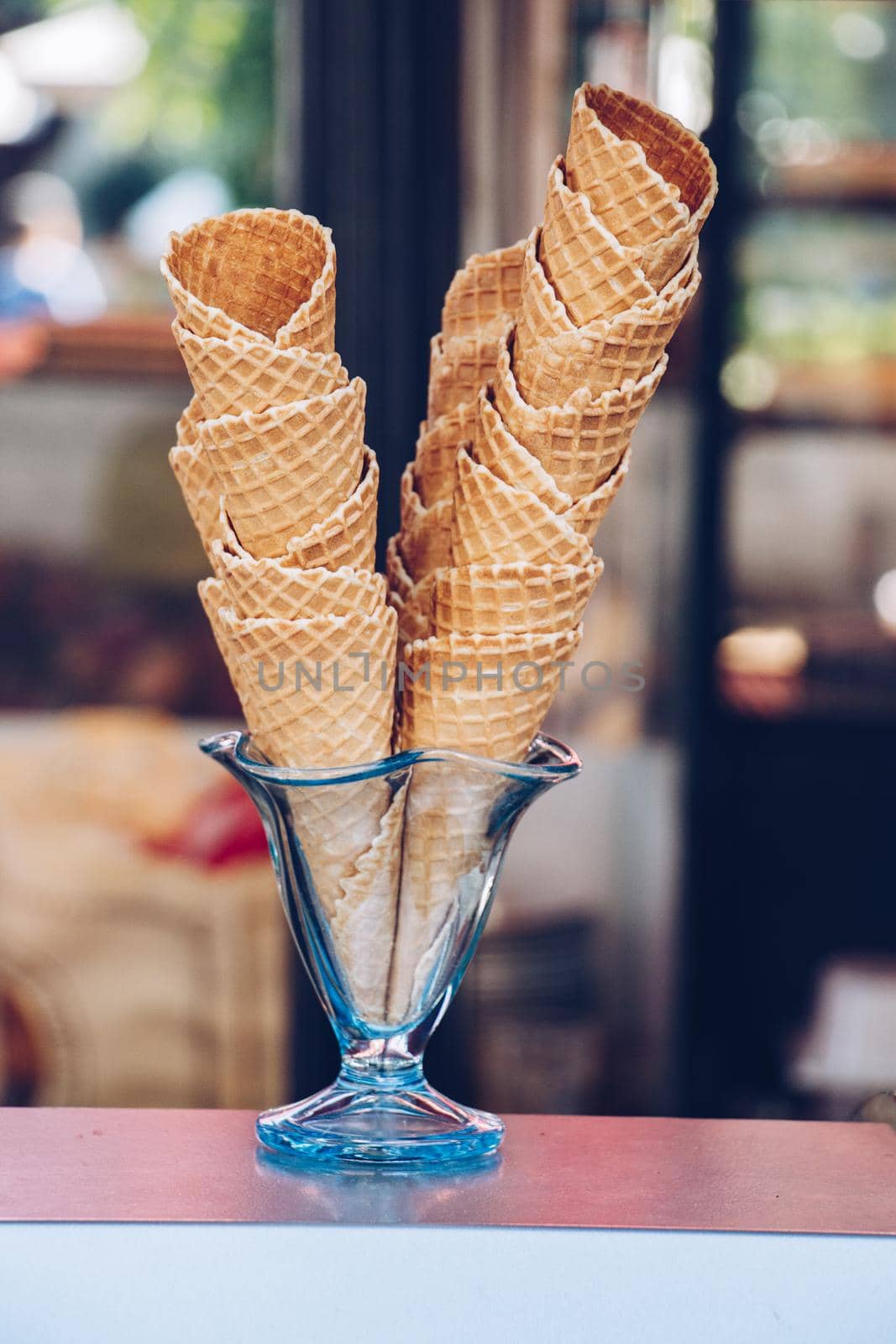 Waffle empty ice cream cones in a glass
