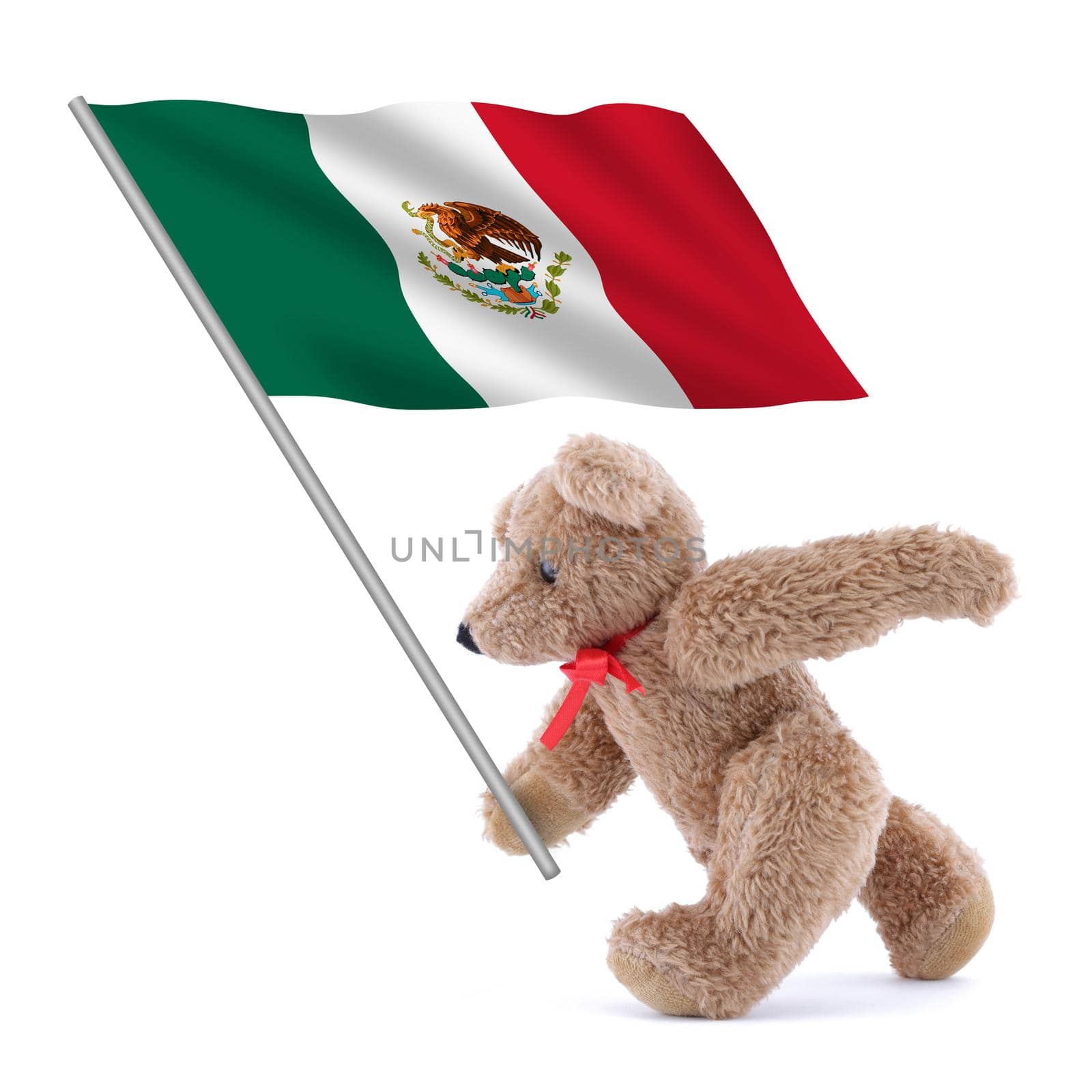 A Mexico flag being carried by a cute teddy bear