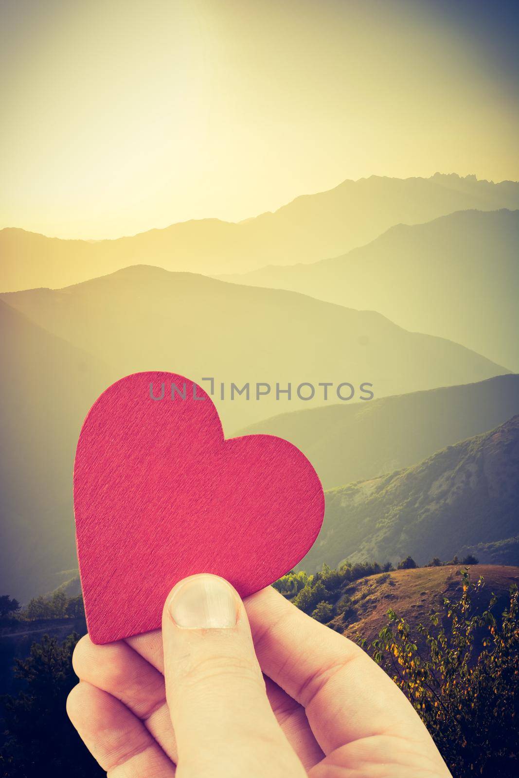 Hand holding a heart shape on landscape Sunset in countryside landscape