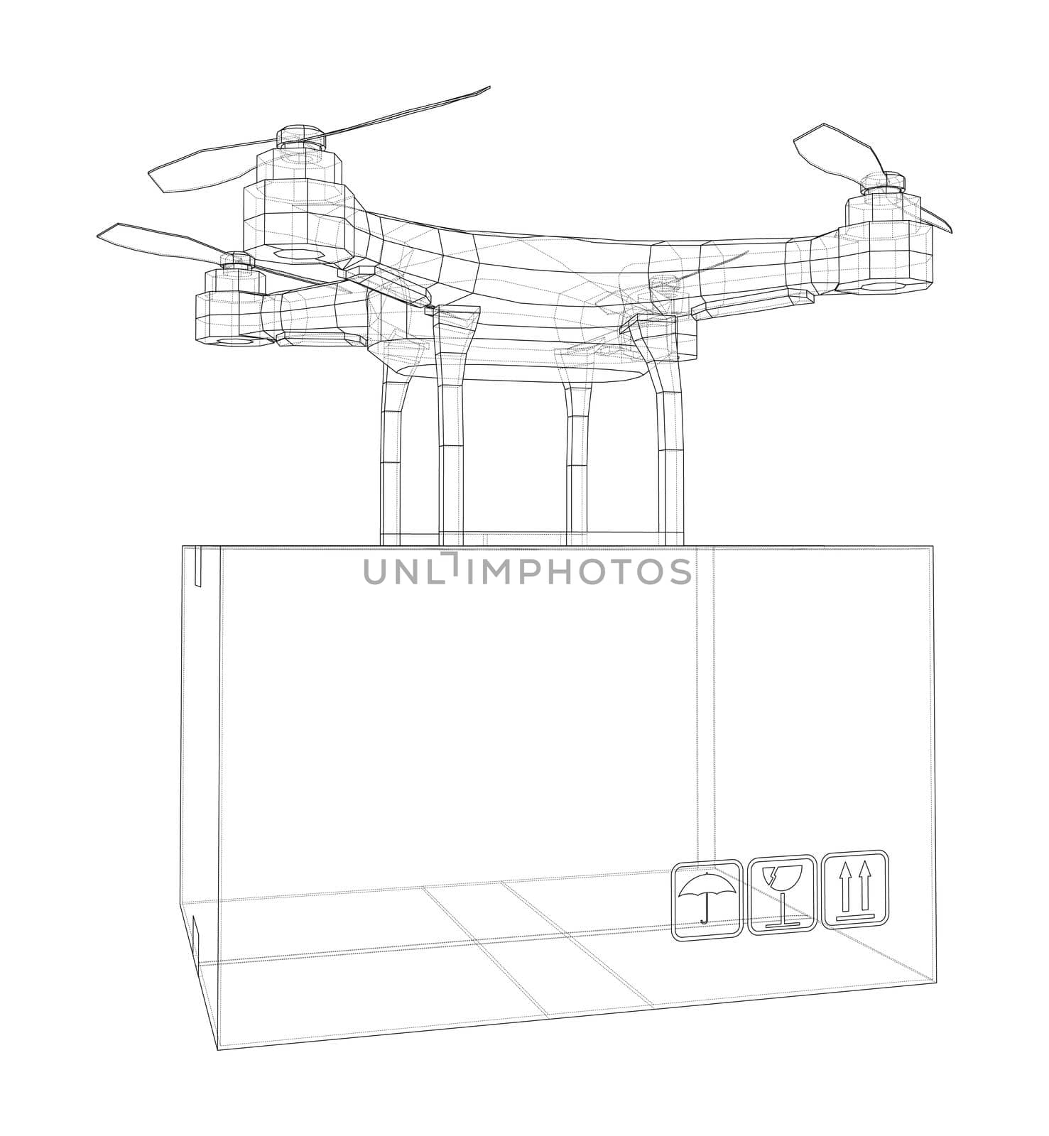 Delivery drone concept outline. 3d illustration. Wire-frame style