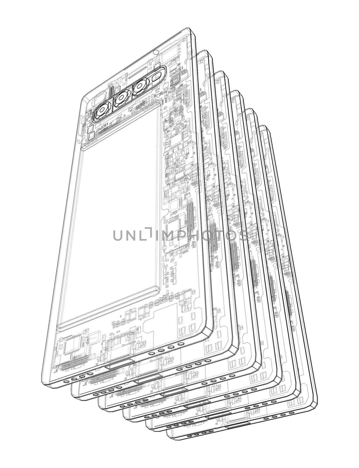 Smartphones concept outline. 3d illustration. Wire-frame style